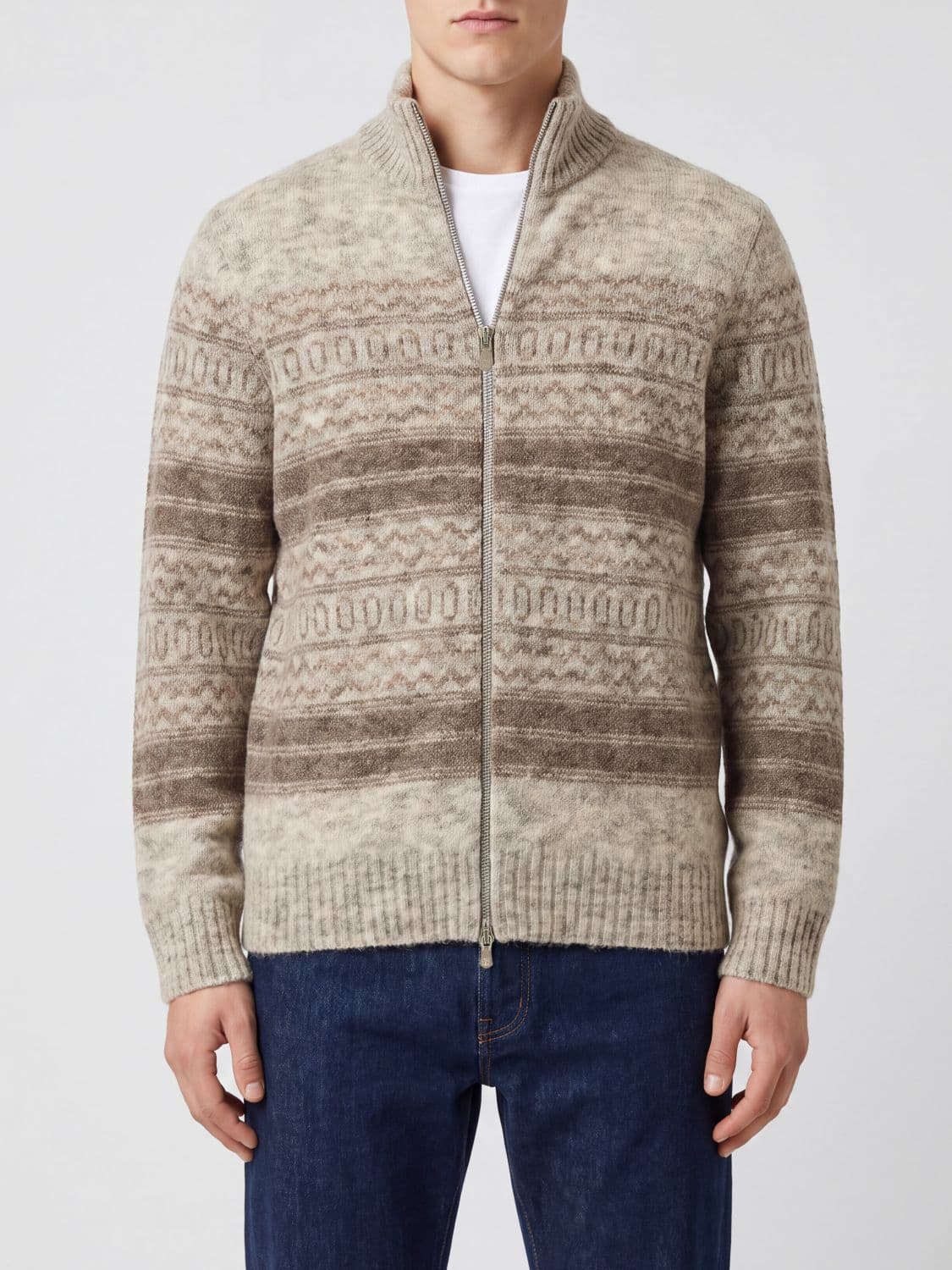 Brunello Cucinelli Striped Cashmere and Wool Cardigan with Roll Neck