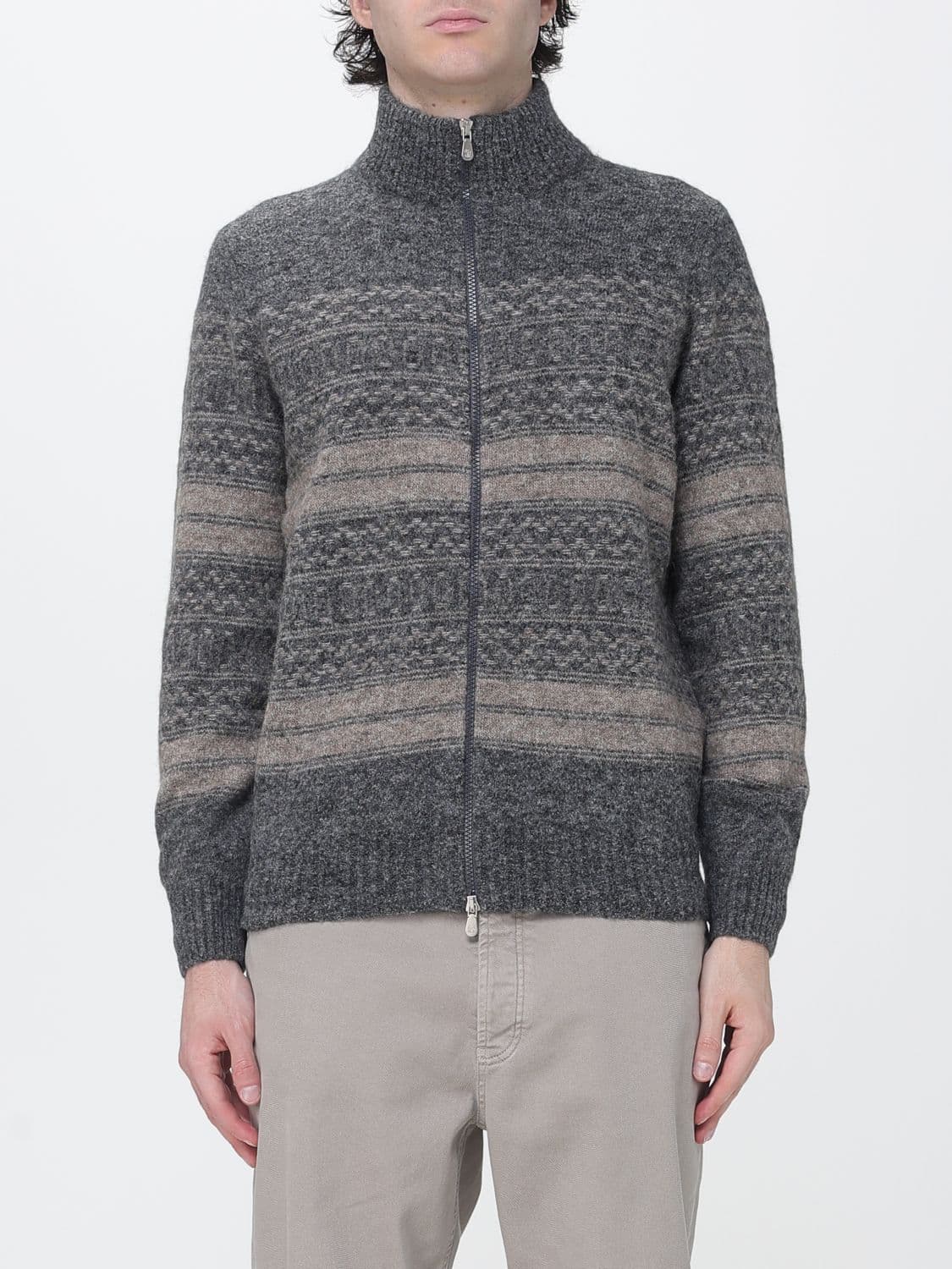 Brunello Cucinelli Striped Cashmere and Wool Cardigan with Roll Neck