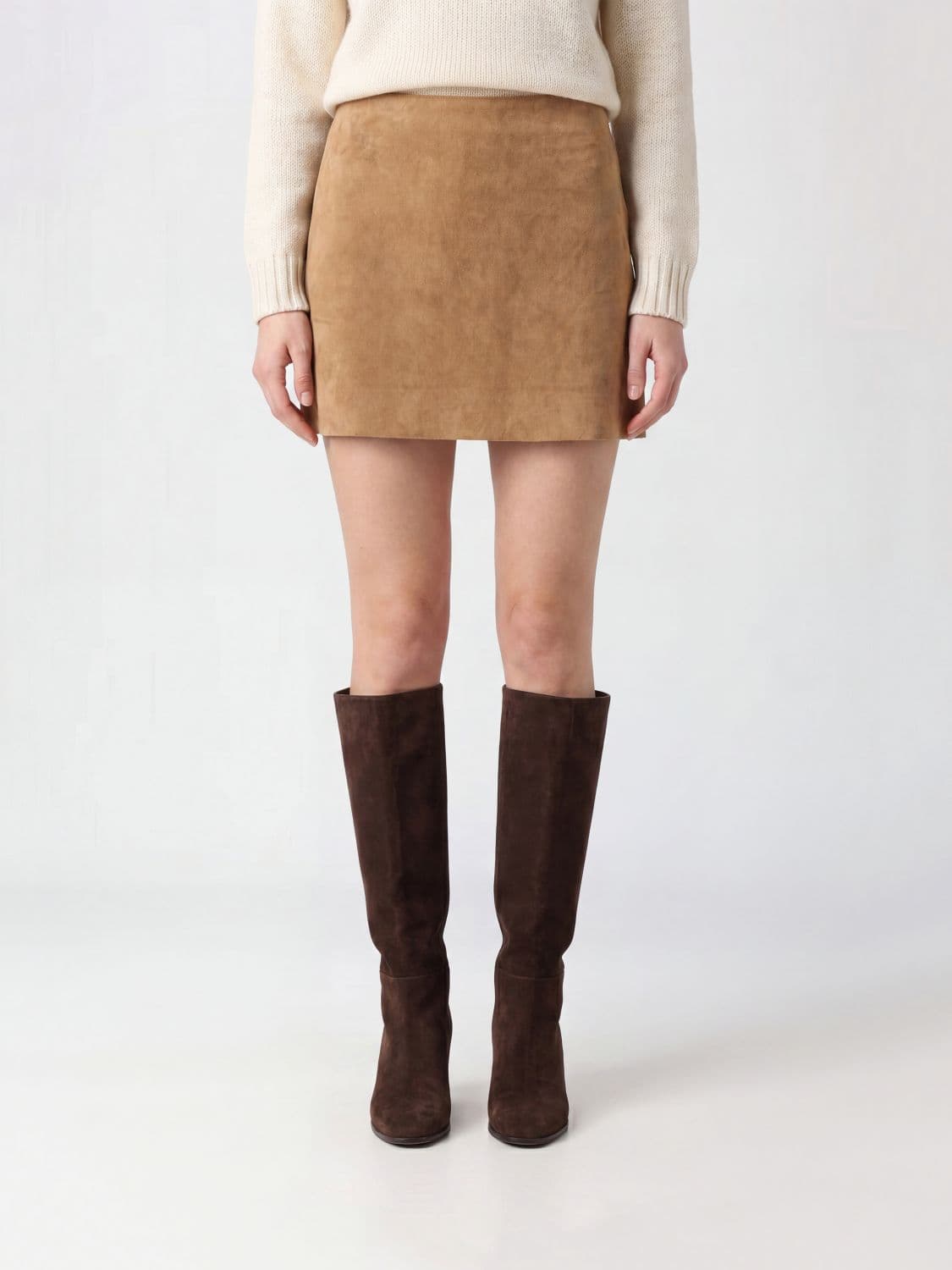 Khaite Mid-Rise Suede Leather Pencil Mini Skirt