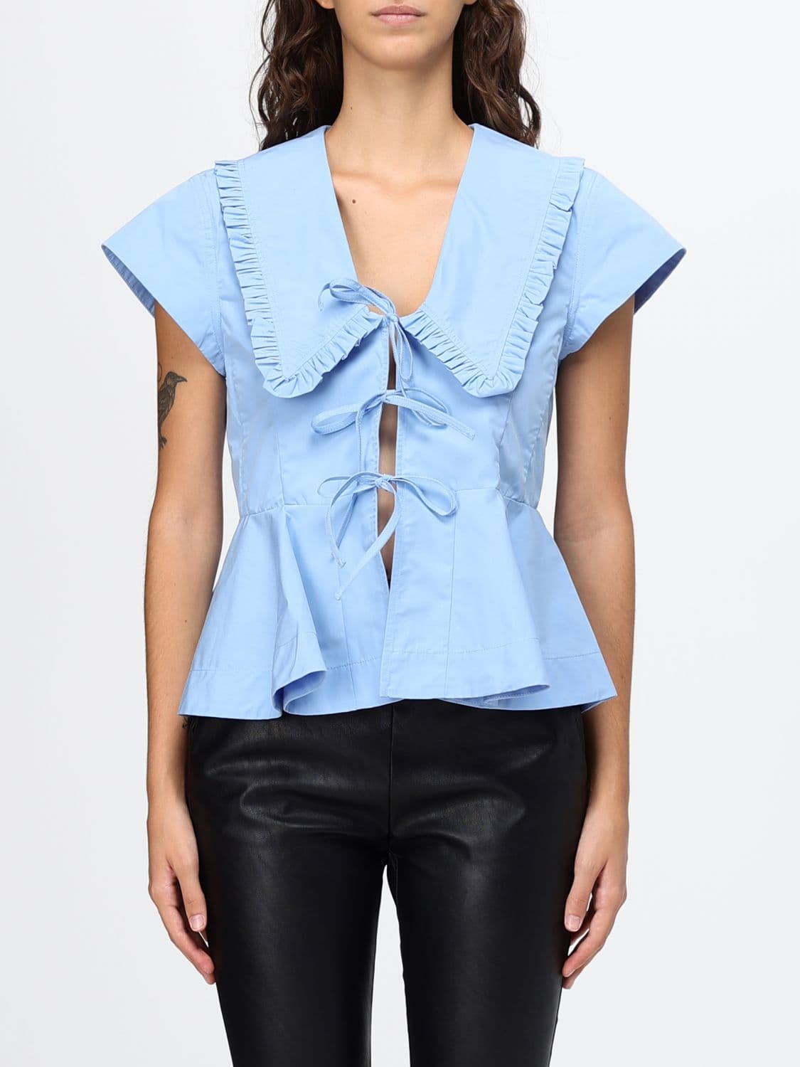 Ganni Organic Cotton Blouse with Sailor Collar and Ruffles