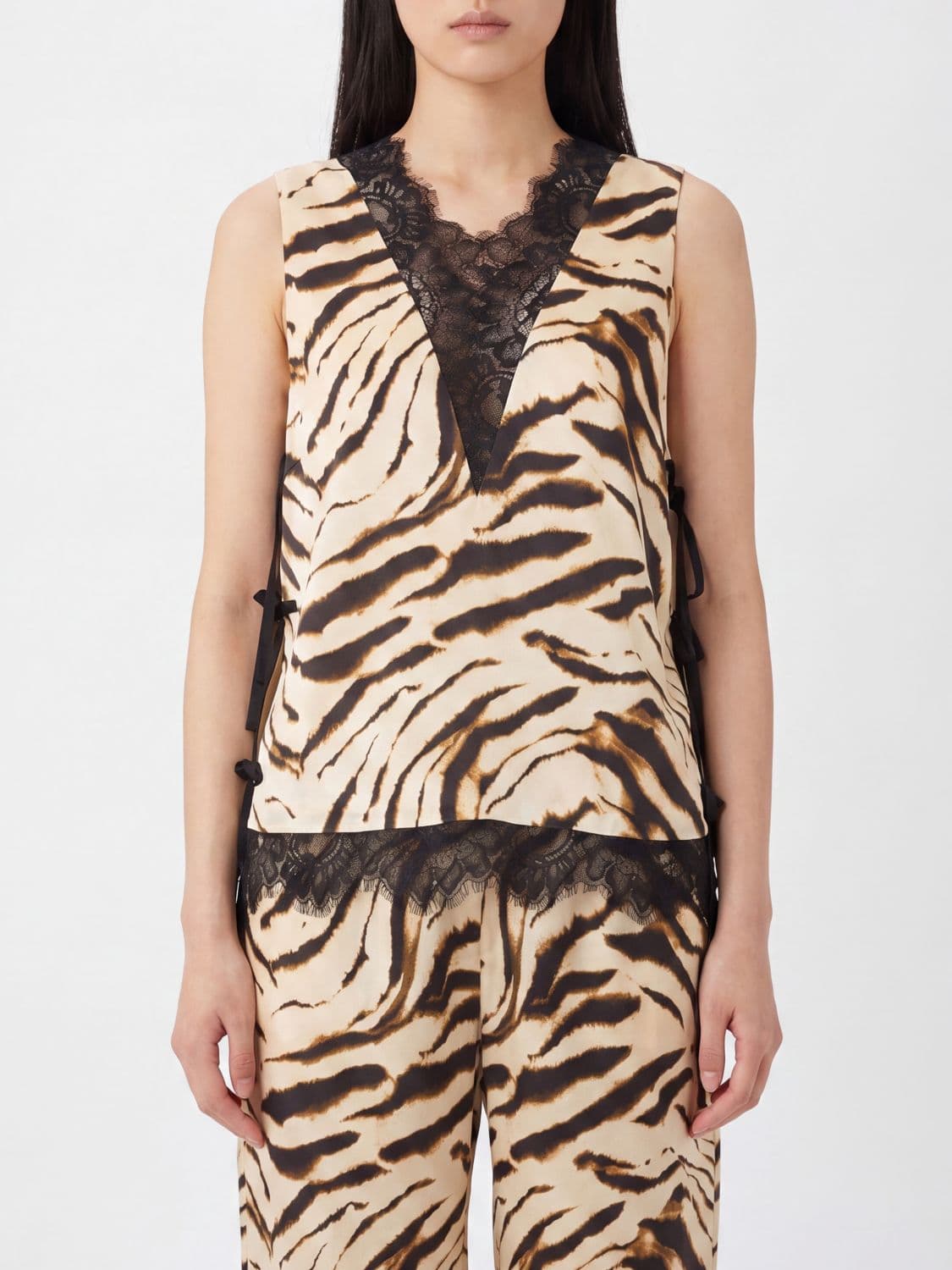 Ganni Zebra-Print Satin Blouse with a V-Neck and Lace Inserts