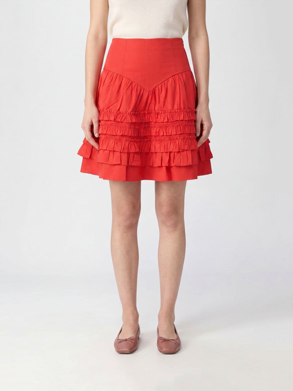 Ganni High-Waisted Tiered Mini Skirt in Embroidered Cotton with Ruffles