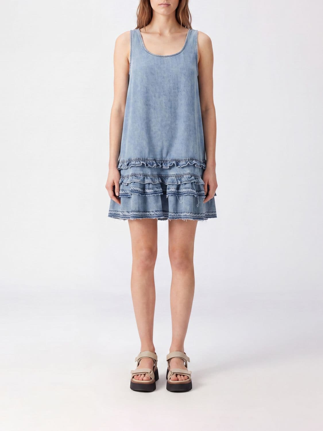 Ganni Off-the-Shoulder Denim Mini Dress with Ruffle Details and U-Neck