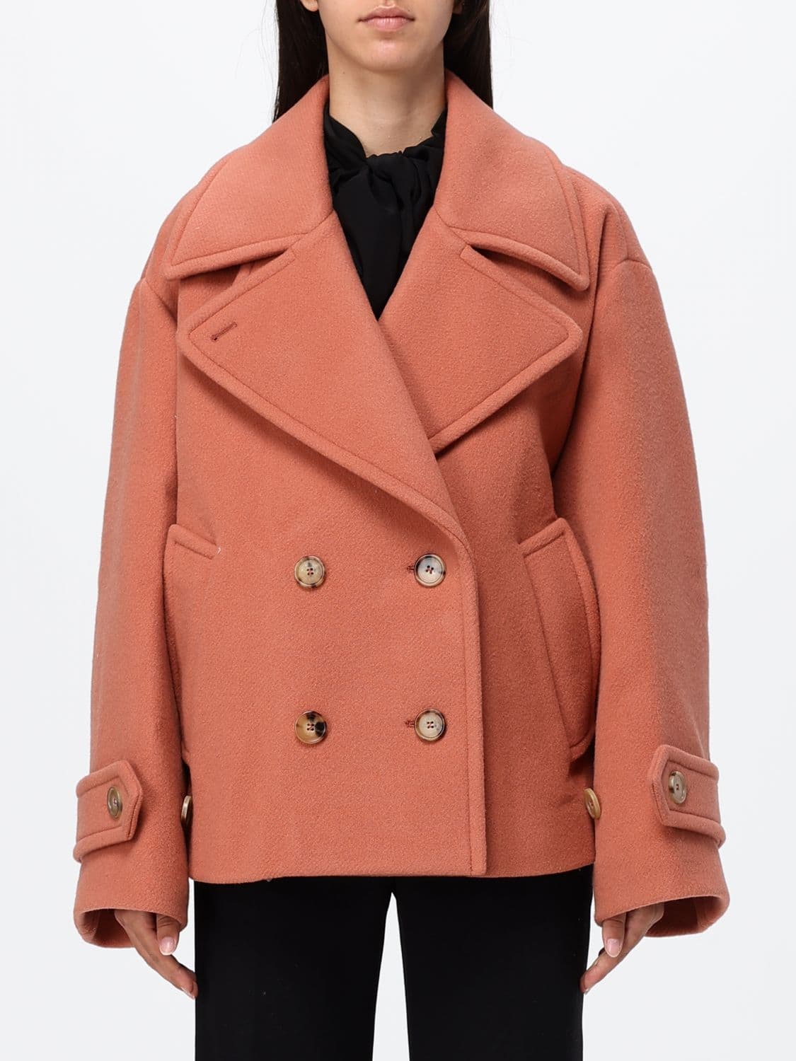 Chloé Double-Breasted Short Wool Coat with a Relaxed Fit and Lapels