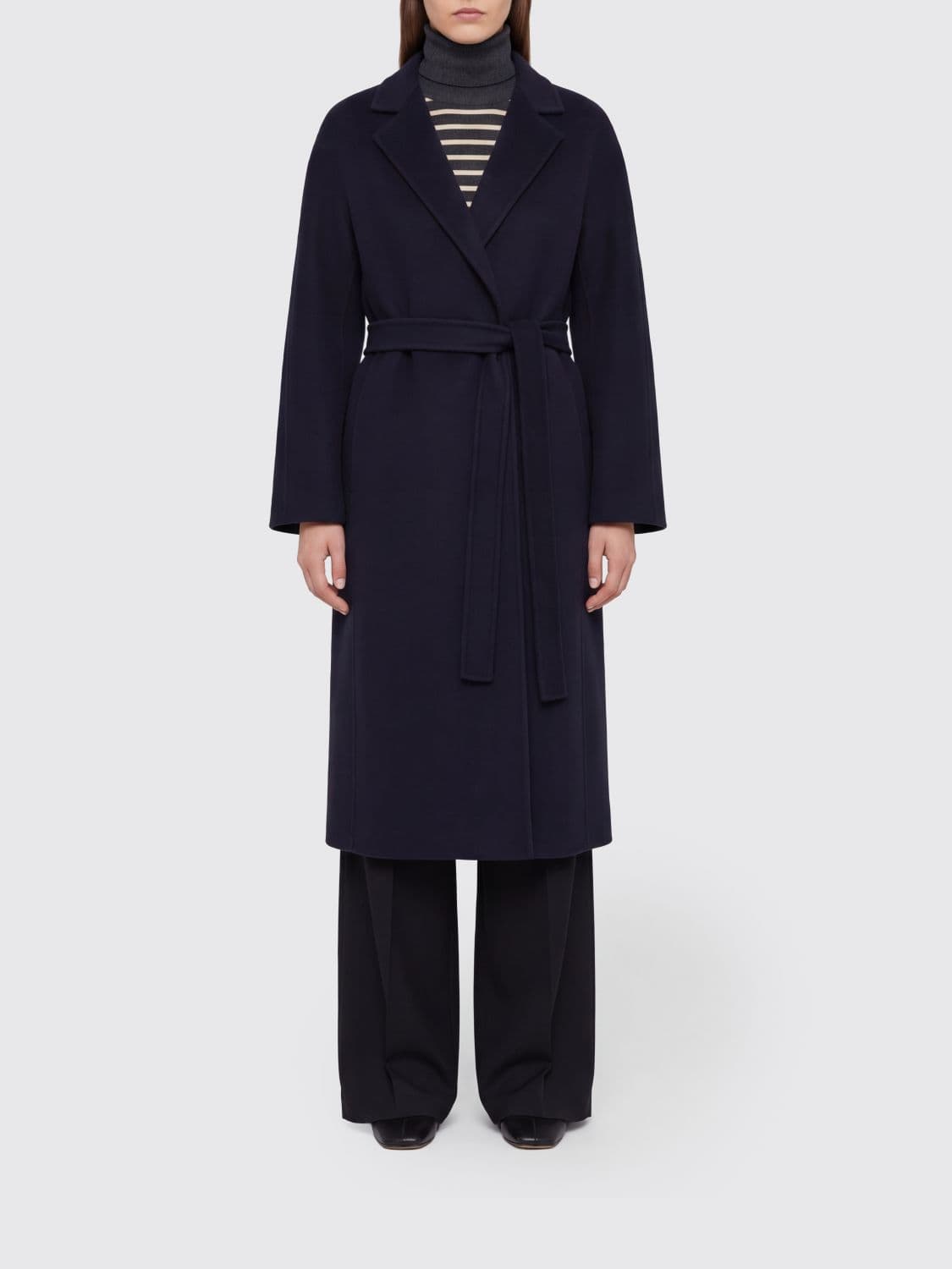 Jil Sander Long Wool Belted Coat with Dropped Shoulders