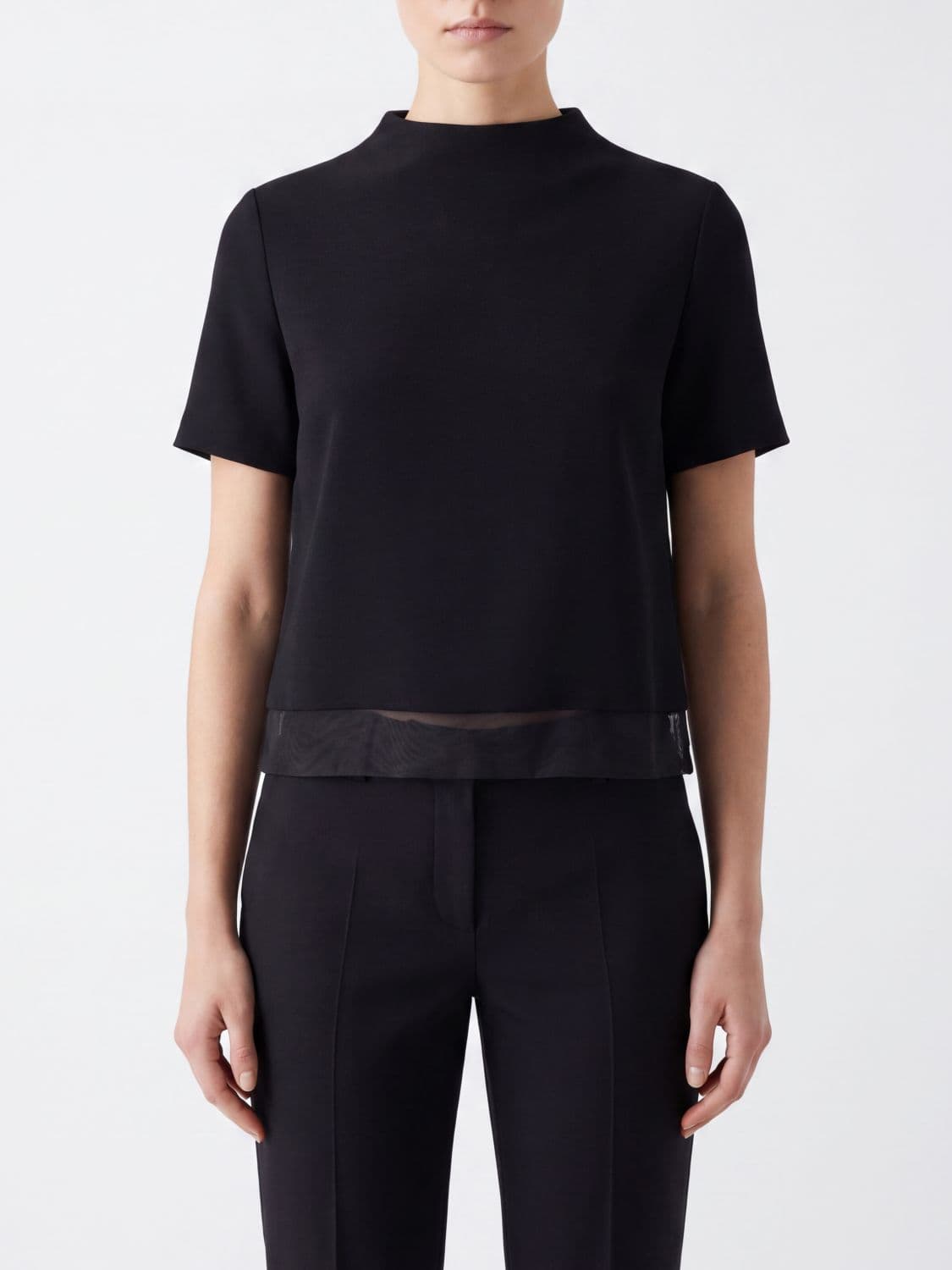 Jil Sander Short-Sleeved Virgin Wool Top with Mock Neck and Teardrop Neckline