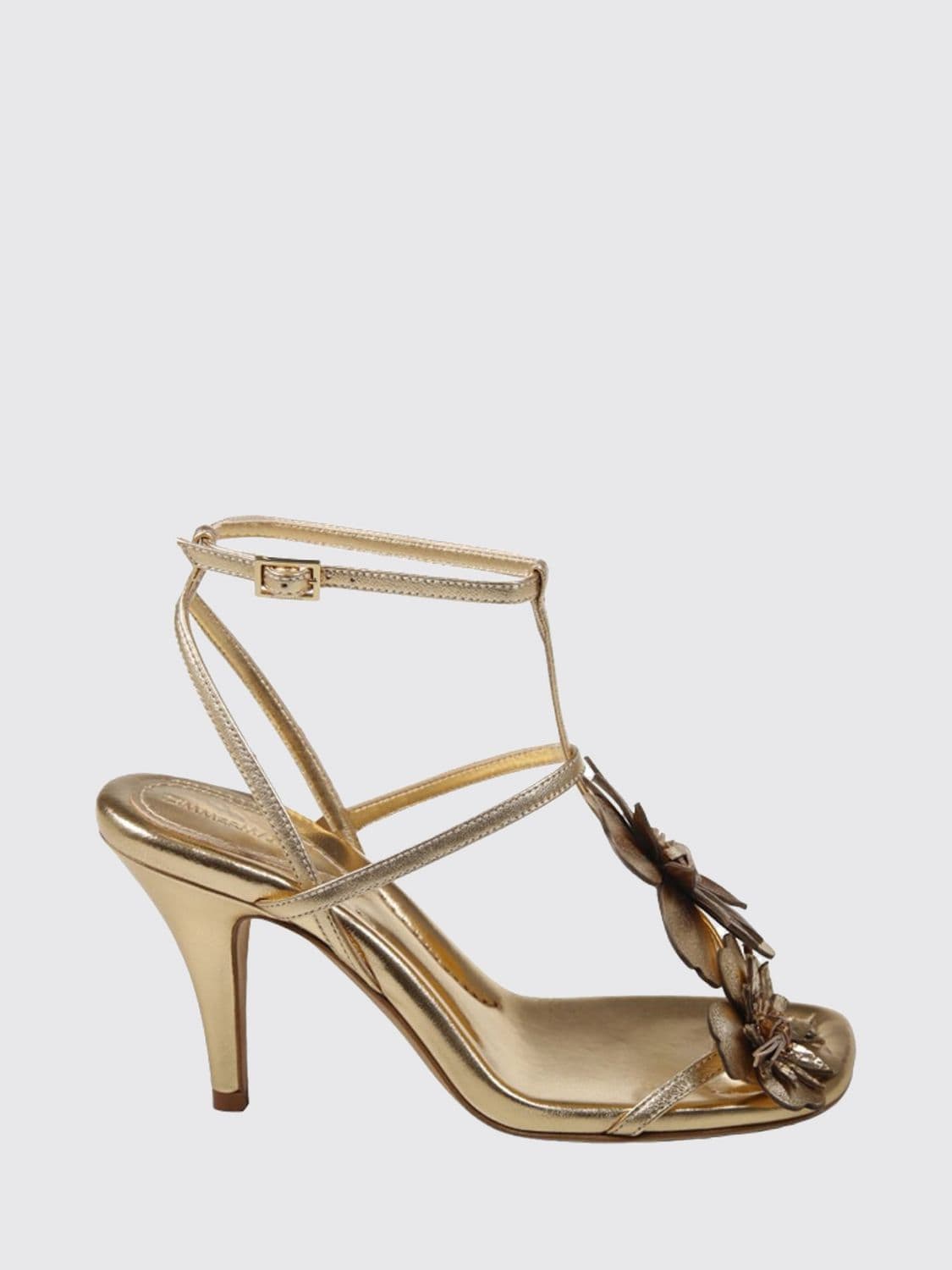 Zimmermann Belara Floral Appliqué Sandals in Gold Laminated Leather