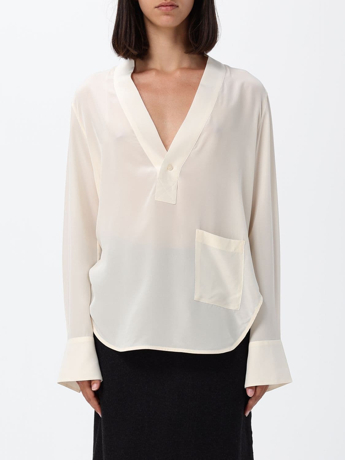Victoria Victoria Beckham Silk V-Neck Blouse with Long Sleeves