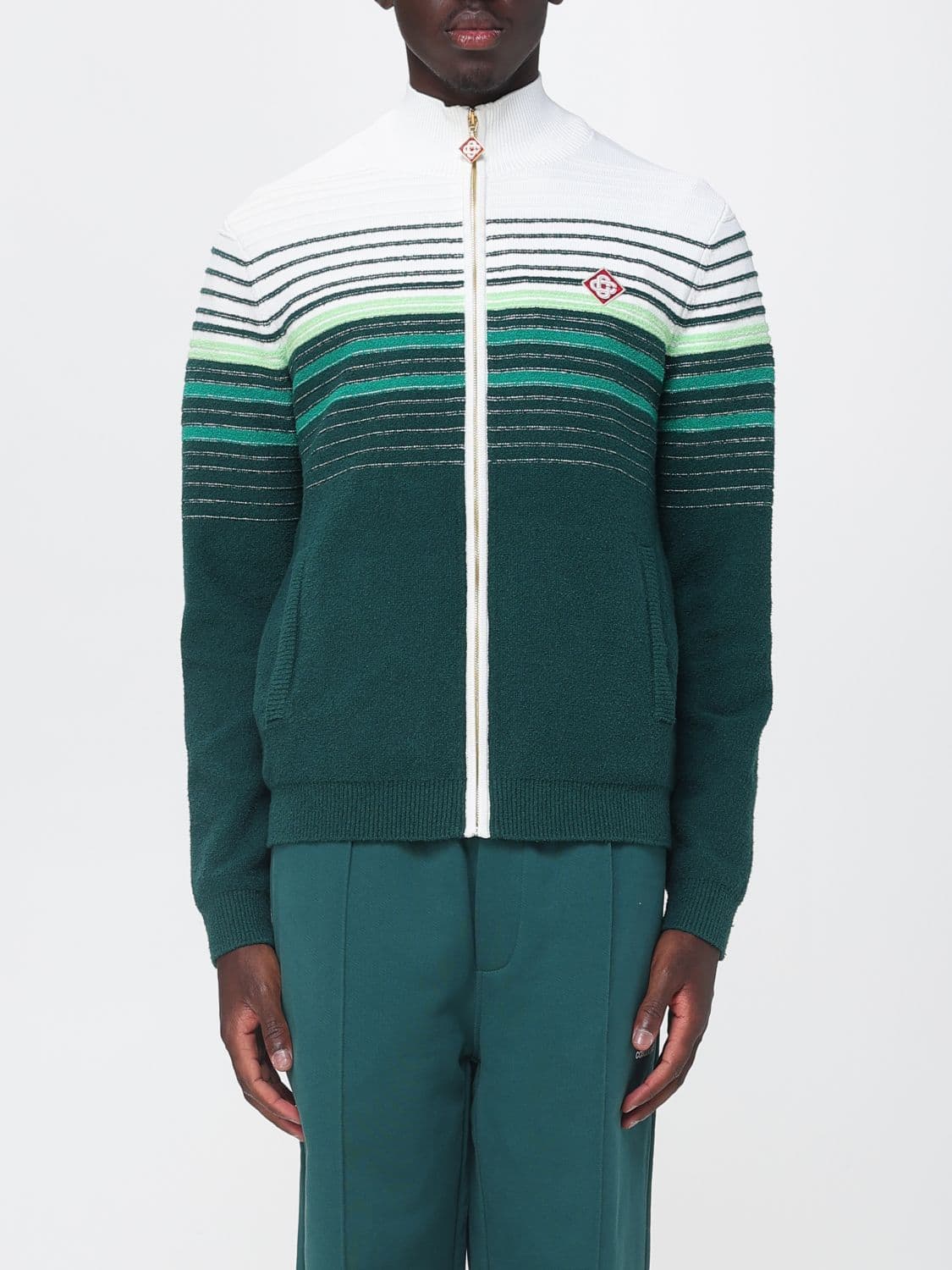 Casablanca Striped Cotton-Blend Cardigan with a Turtleneck and Zip Closure