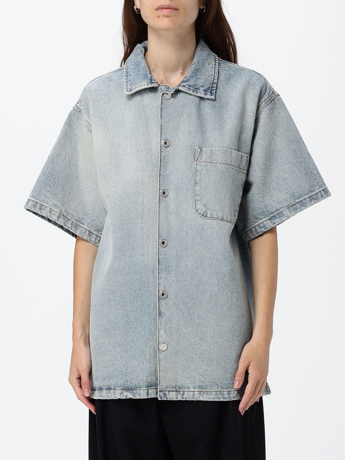 Msgm Relaxed Fit Short-Sleeved Cotton Denim Bowling Shirt