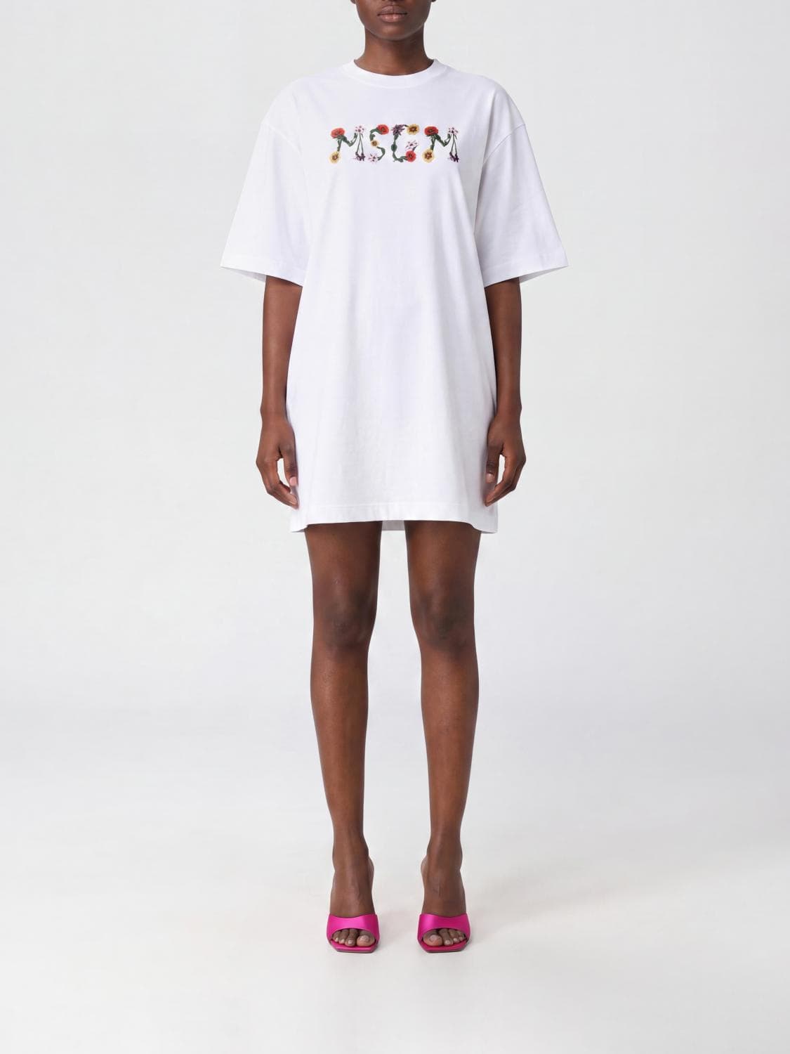 Msgm Cotton Mini T-Shirt Dress with Contrast Logo and Dropped Shoulders