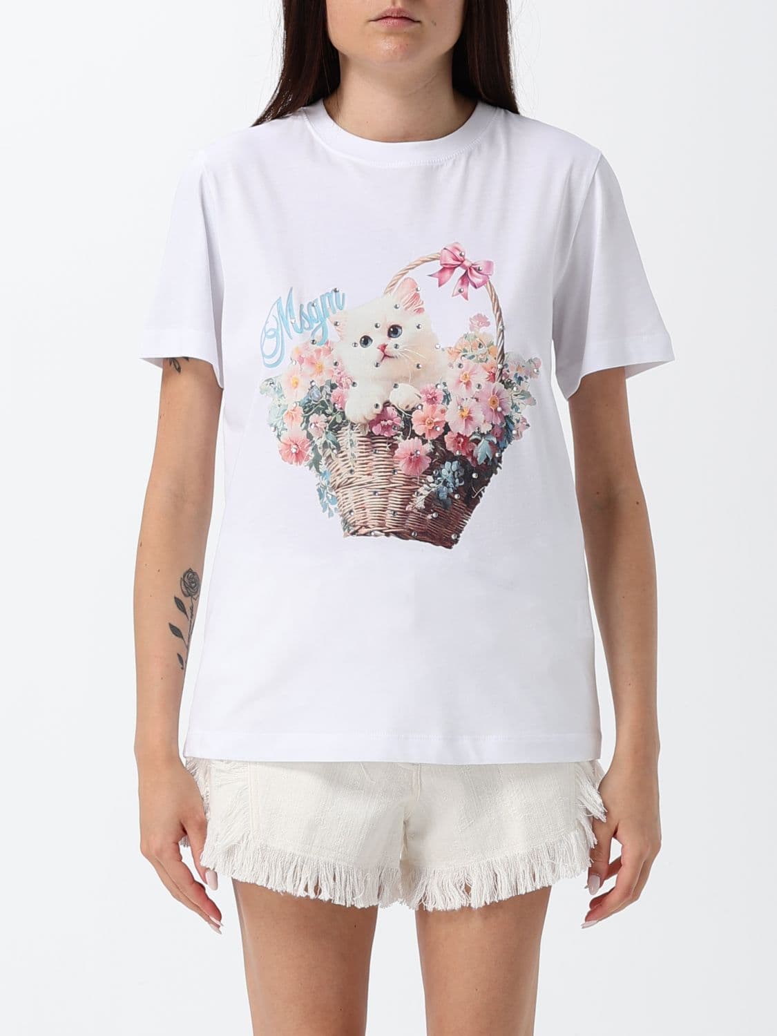 Msgm Short-Sleeved Cotton T-Shirt with Logo and Rhinestone Application