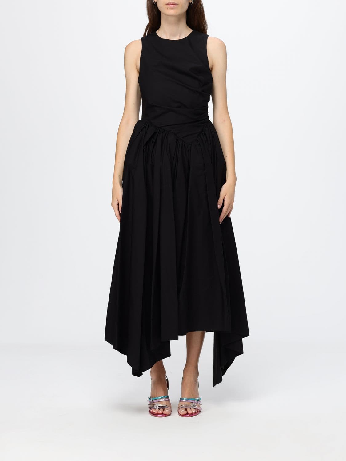 Msgm Asymmetric Off-the-Shoulder Cotton Midi Dress with a Crew Neck
