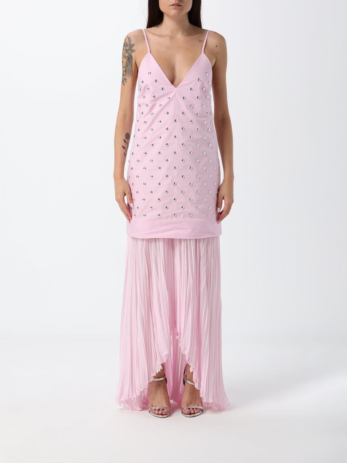 Msgm Pleated Cotton Long Evening Gown with V-Neck and Embroidery · 38