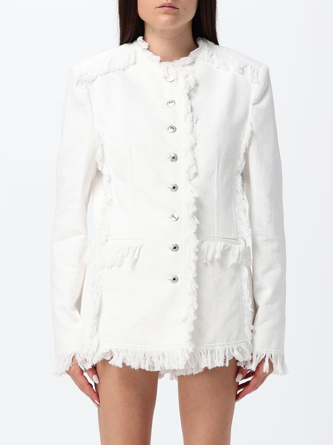 Msgm Fringed Cotton Cropped Jacket with Crew Neck and Slit Pockets