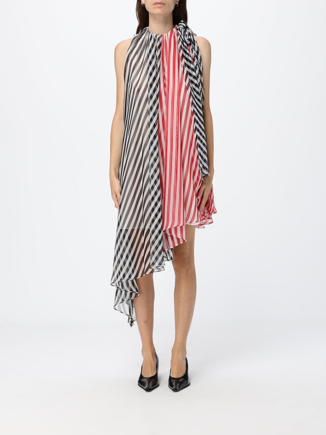 Msgm Asymmetric Striped Crêpe Midi Dress with Halter Neck