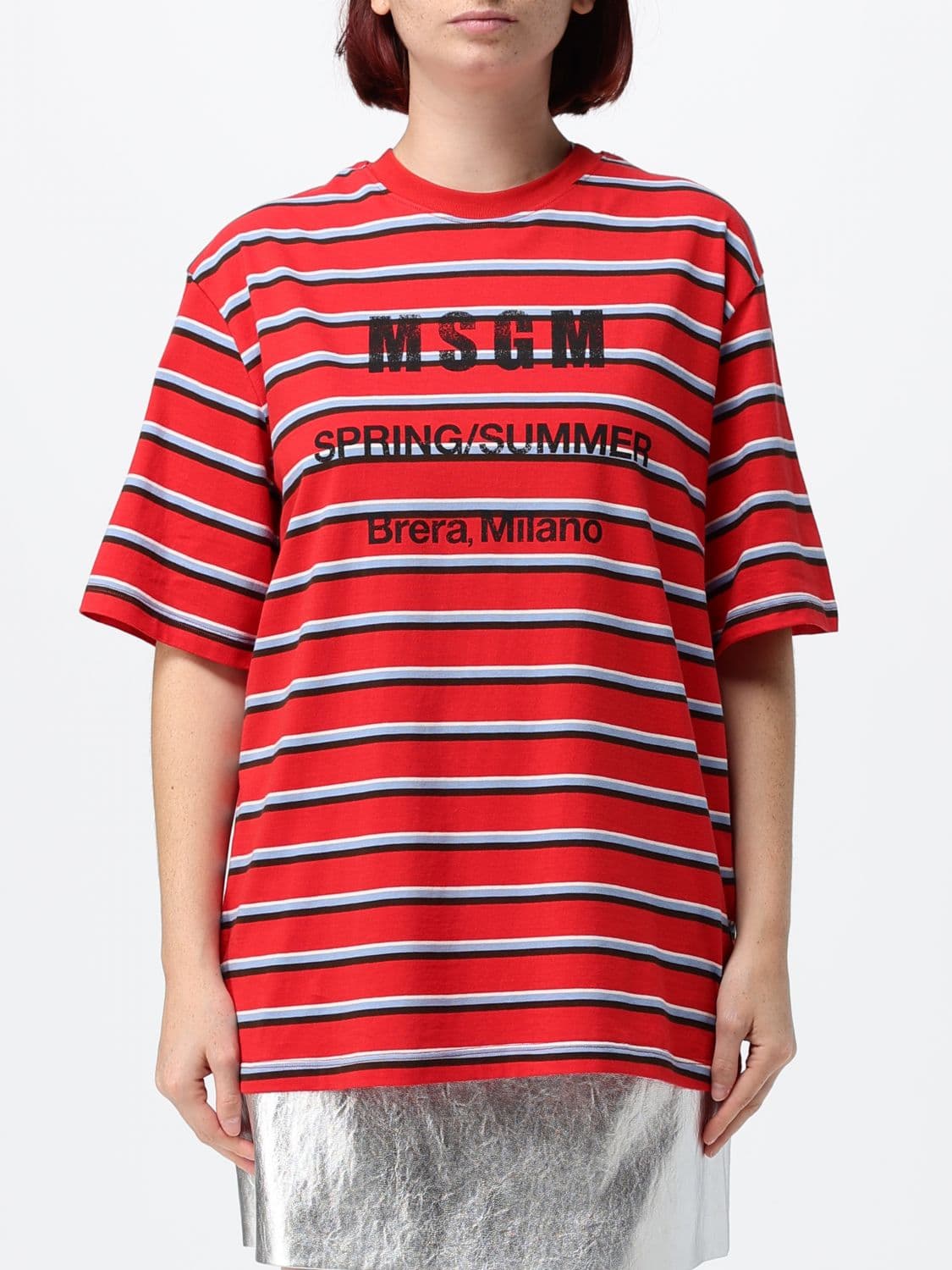 Msgm Oversized Striped Cotton T-Shirt with Logo Print