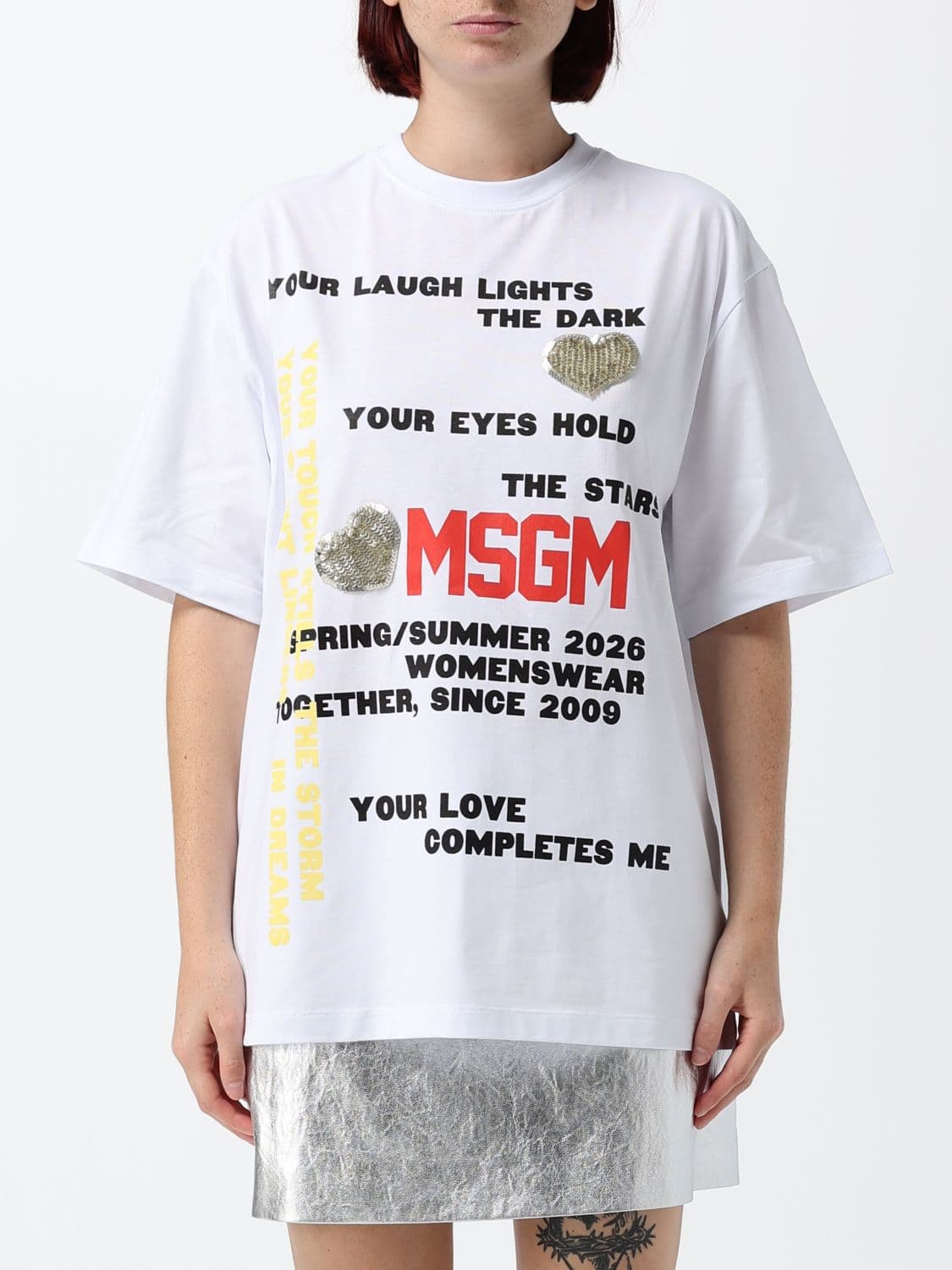 Msgm Oversized Cotton T-Shirt with Logo and Slogan Print