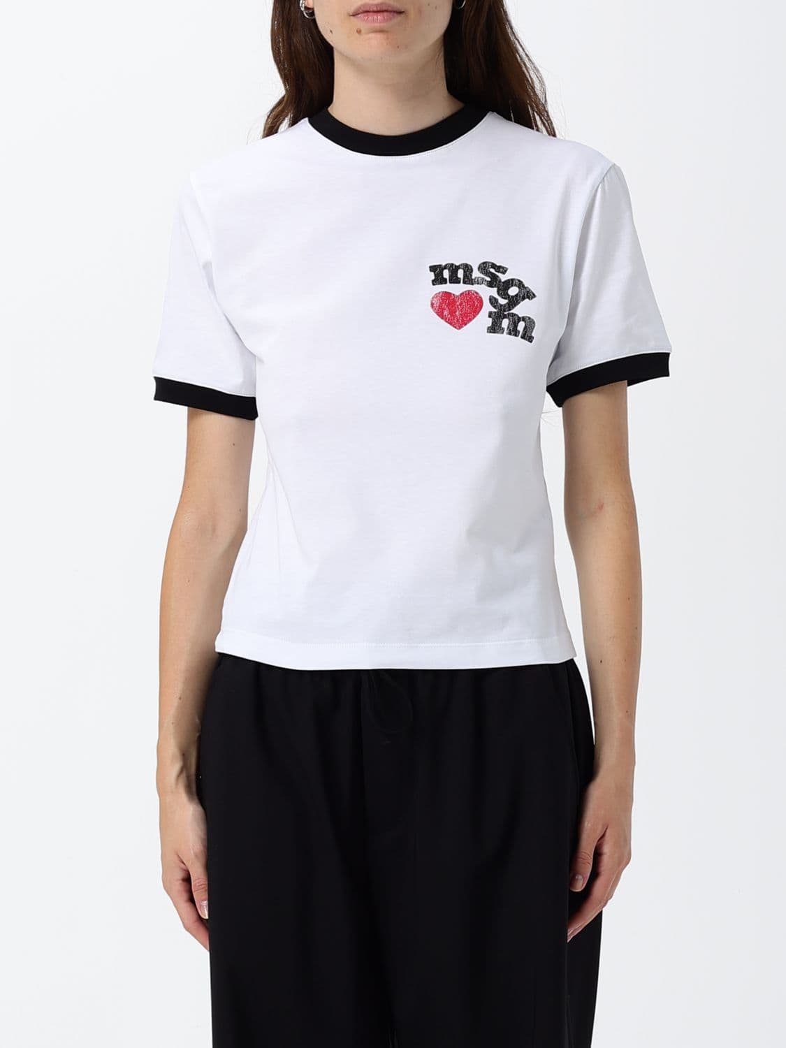 Msgm Slim Fit Cotton T-Shirt with Logo Print and Contrast Trims