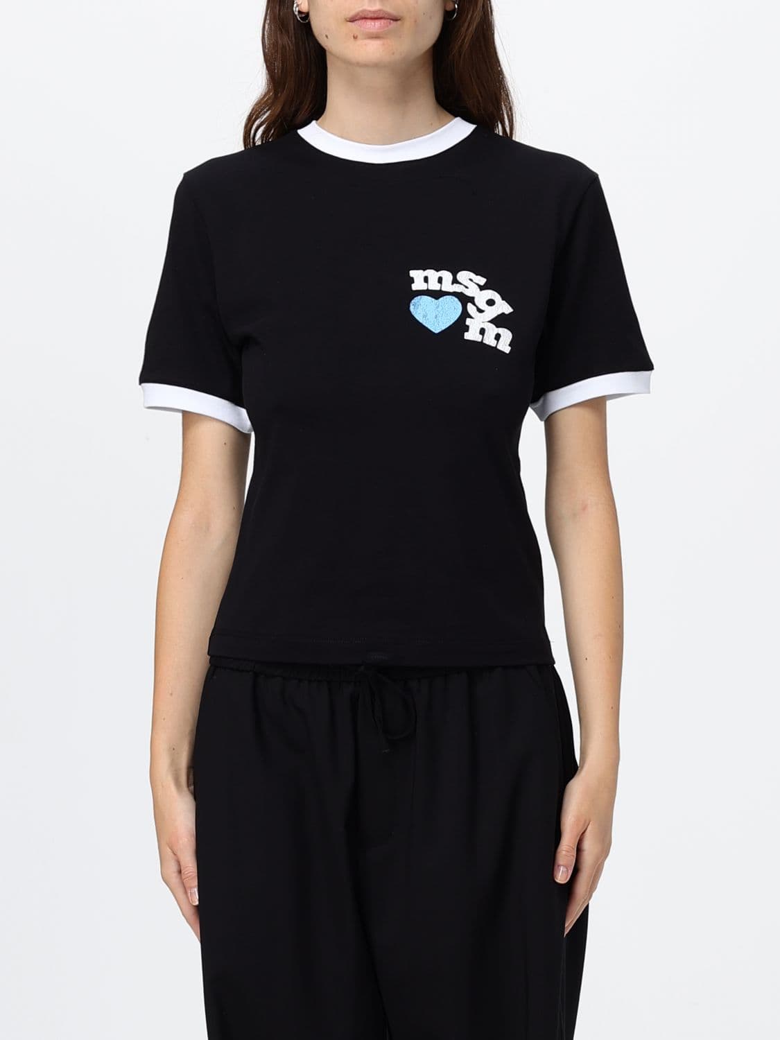 Msgm Slim Fit Cotton T-Shirt with Logo Print and Contrast Trims