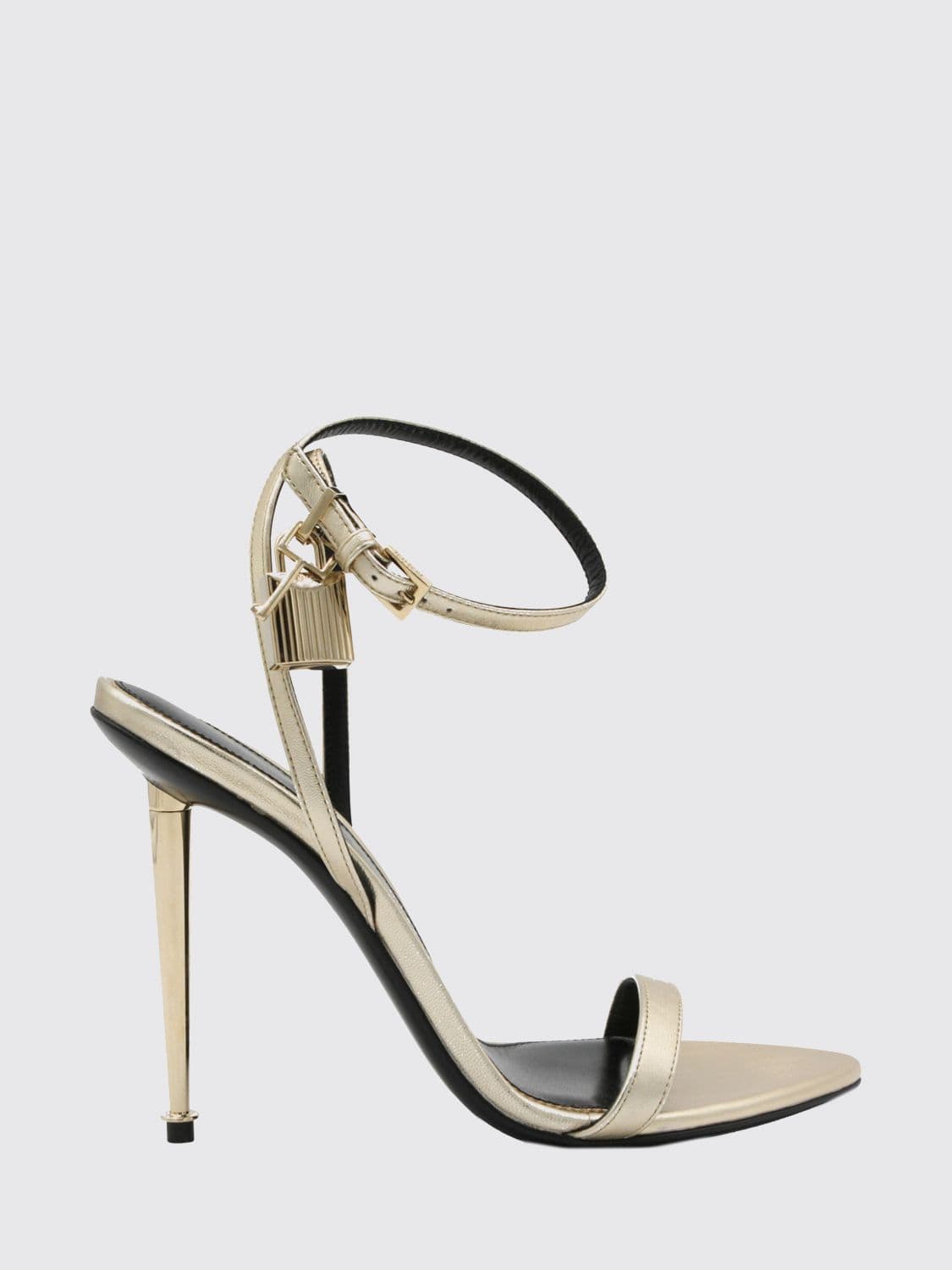 Tom Ford Padlock High-Heeled Laminated Leather Sandals with Charms