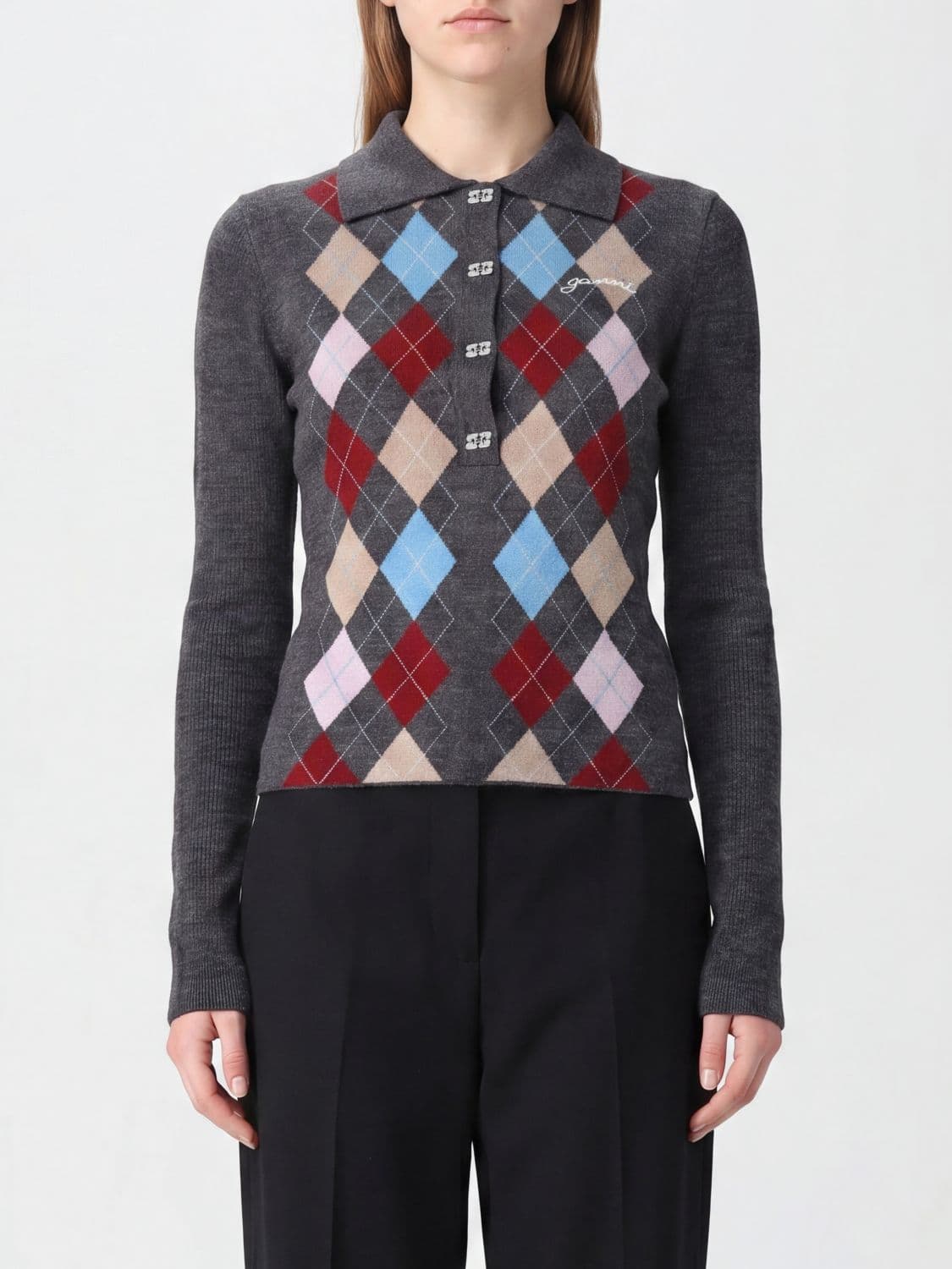 Ganni Slim Fit Argyle Wool Knit Polo with Long Sleeves · XXS