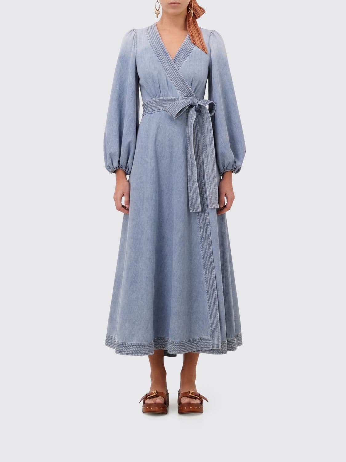 Zimmermann Indra Denim Midi Wrap Dress with Balloon Sleeves