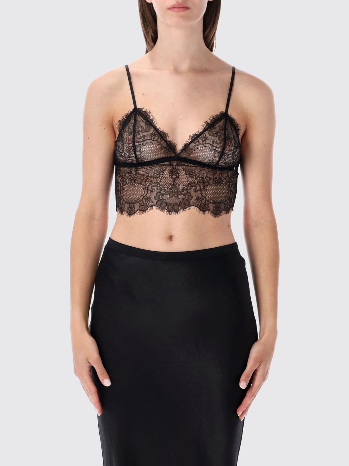 Anine Bing Cropped Lace Top with Triangle Neckline and Adjustable Straps · M