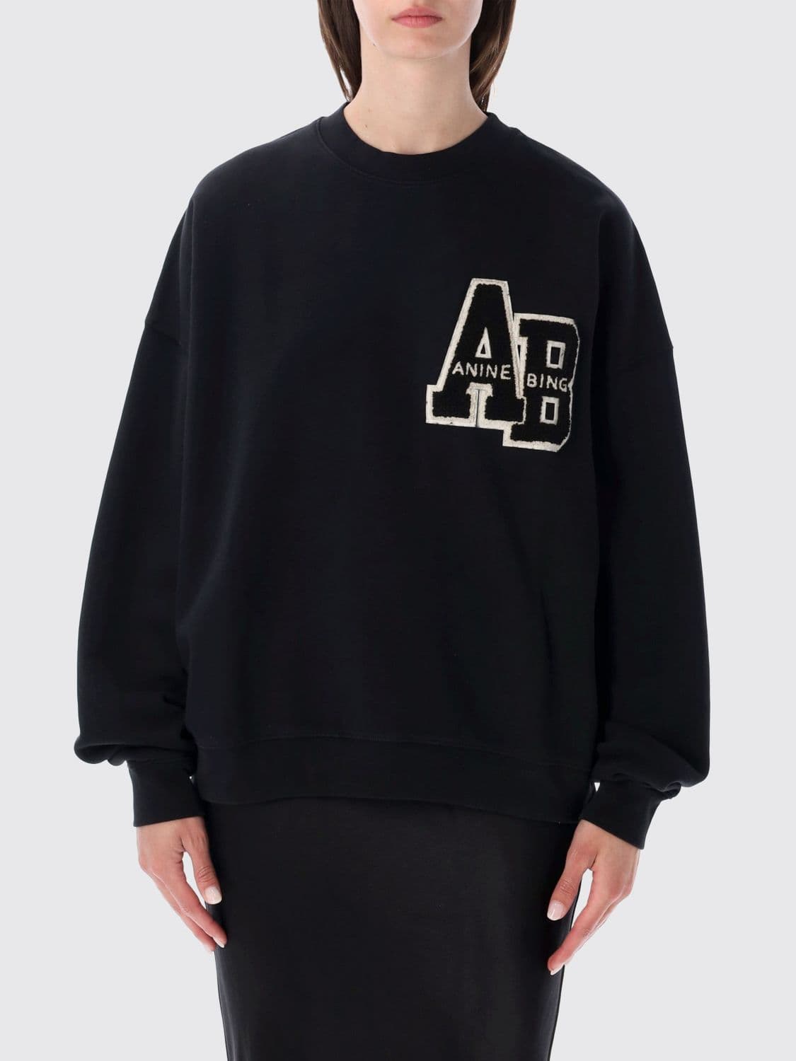 Anine Bing College-Style Logo Patch Cotton Crewneck Sweatshirt