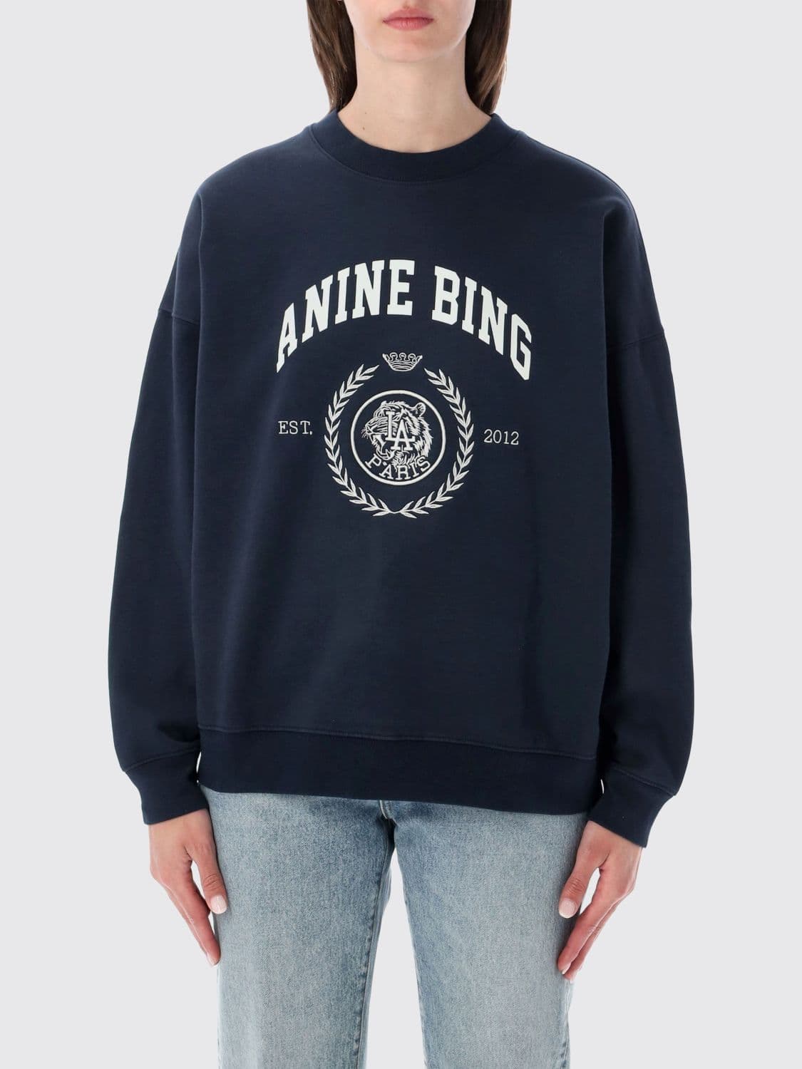 Anine Bing Oversized Cotton Sweatshirt with Logo Print and Dropped Shoulders