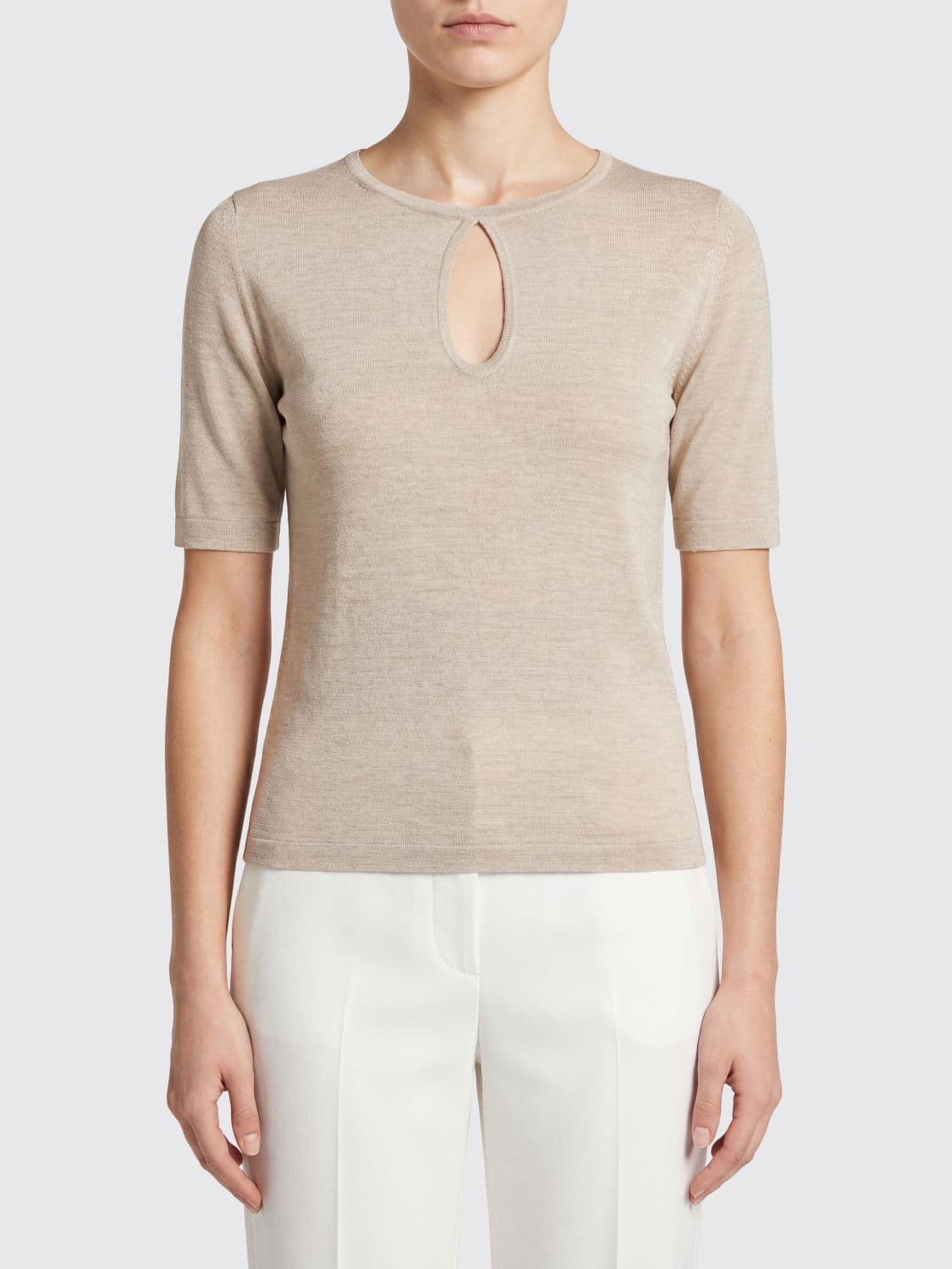 Max Mara Slim Fit Short-Sleeved Pure Silk Top with Crew Neck