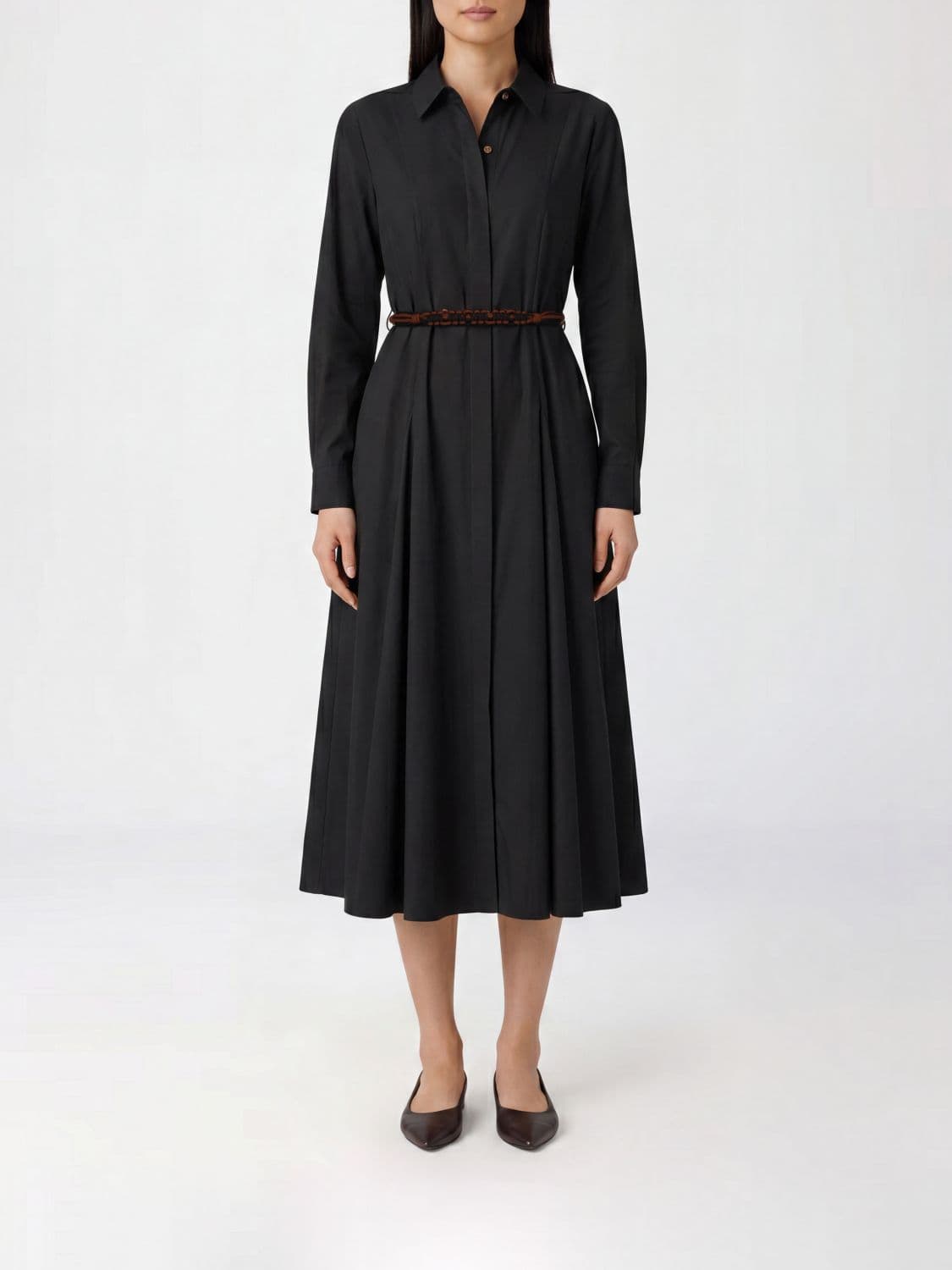 Max Mara Midi Chemisier Cotton Dress with Belt and Long Sleeves · 44