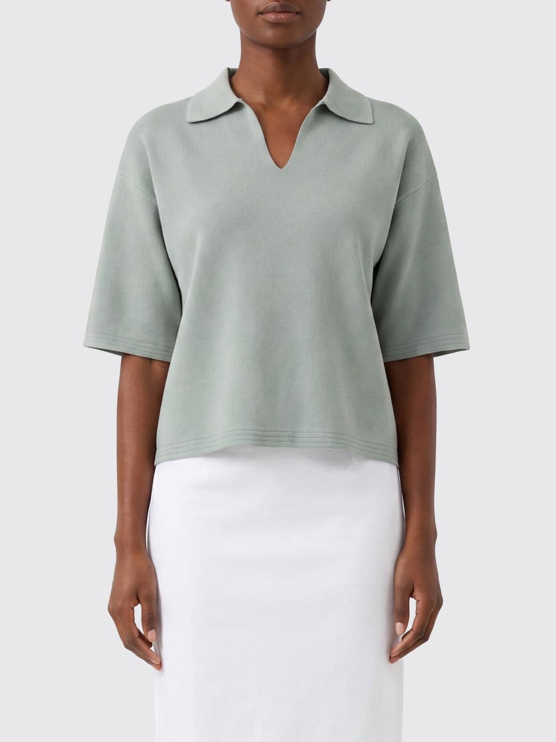 Max Mara Short-Sleeved Viscose Polo with Dropped Shoulders and V-Neck
