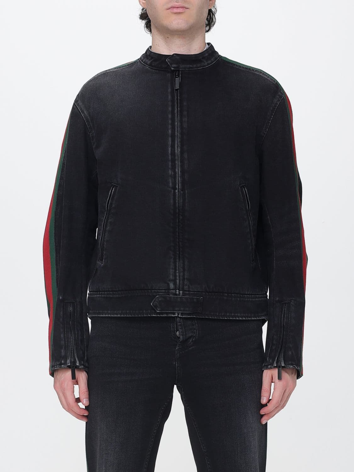 Gucci Slim Fit Denim Biker Jacket with Web Stripes
