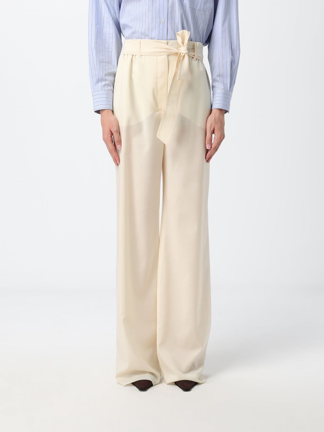 Max Mara Wide Leg Virgin Wool Trousers with Tie Belt at the Waist