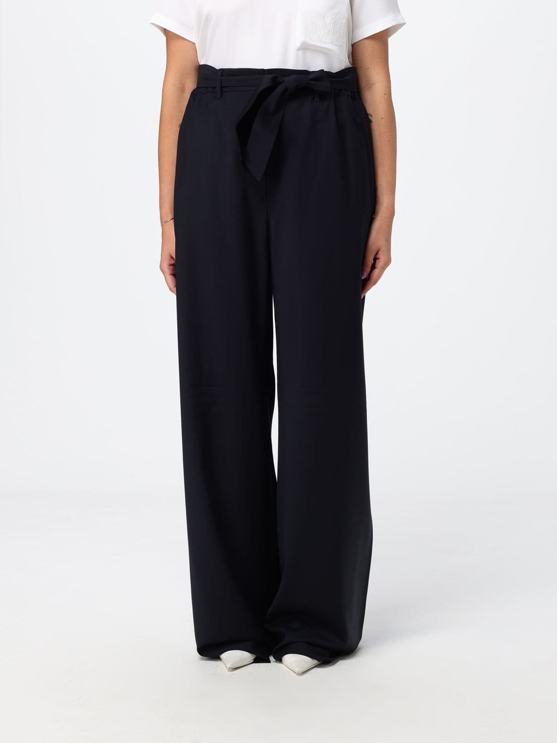 Max Mara Wide Leg Virgin Wool Trousers with Tie Belt at the Waist