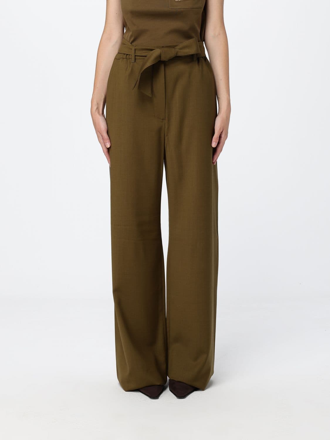 Max Mara Wide Leg Virgin Wool Trousers with Tie Belt at the Waist