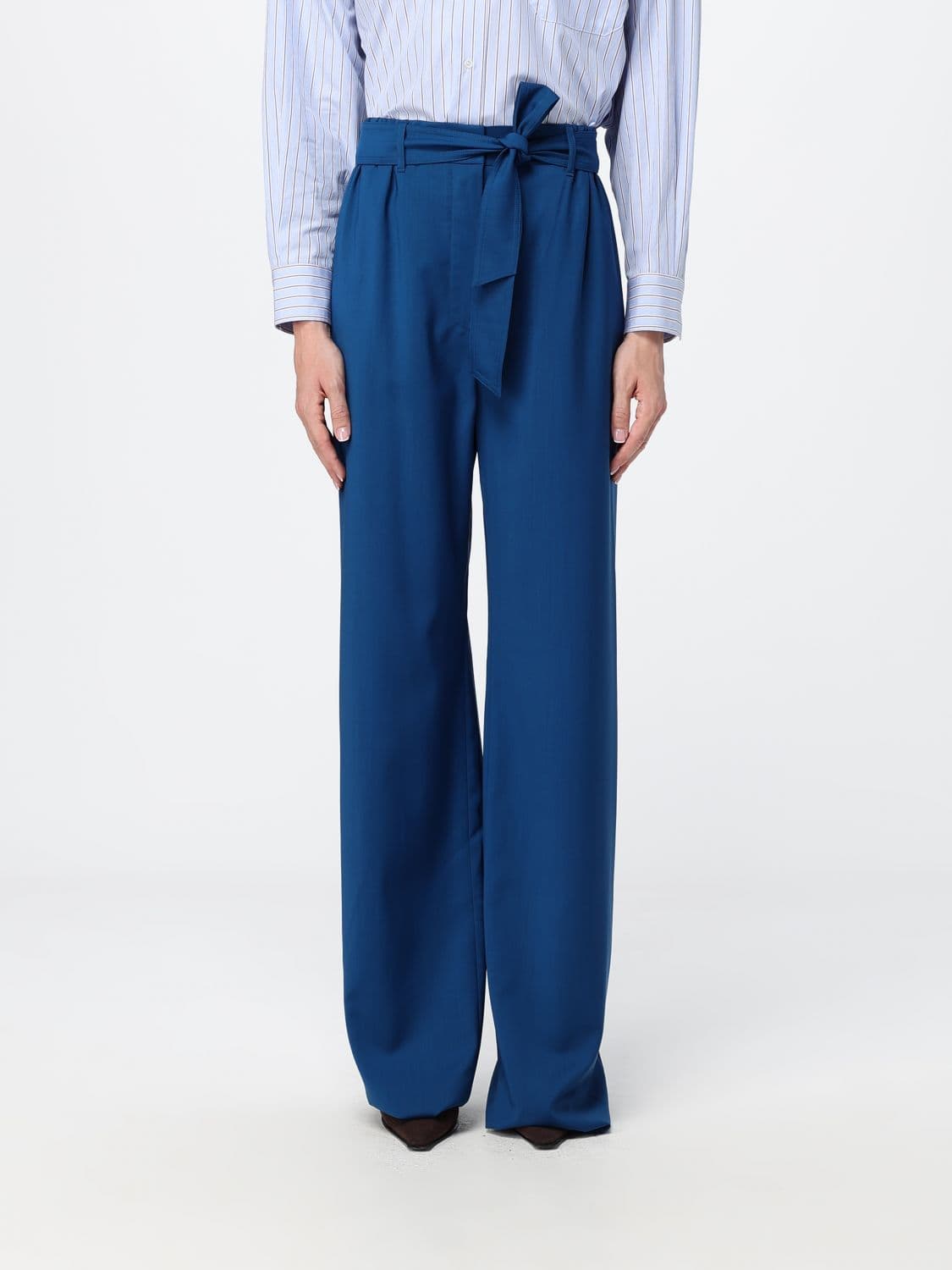 Max Mara Wide Leg Virgin Wool Trousers with Tie Belt at the Waist