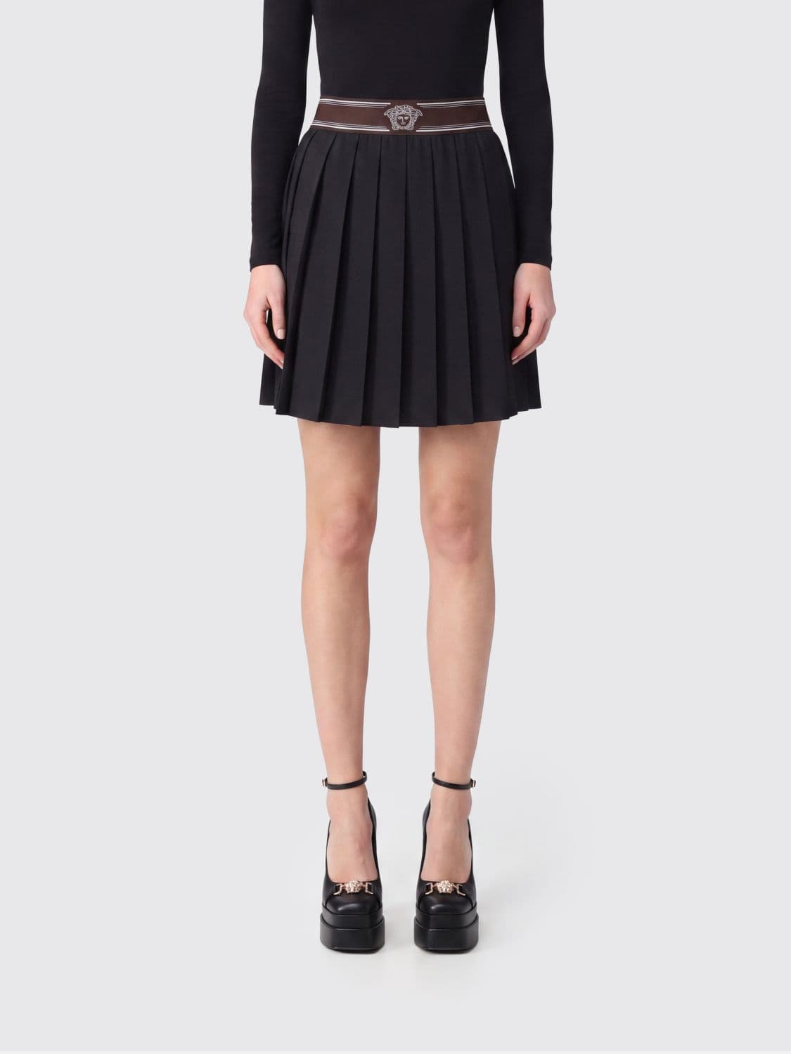 Versace Pleated Wool and Mohair Mini Skirt with High Logo Waistband