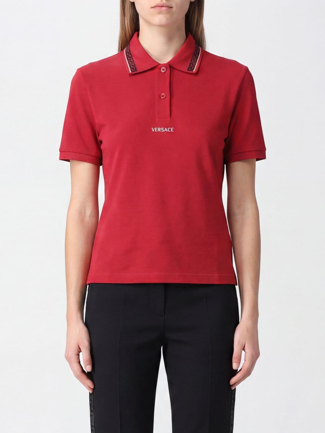 Versace Slim Fit Cotton Polo Shirt with Contrast Logo and Piping