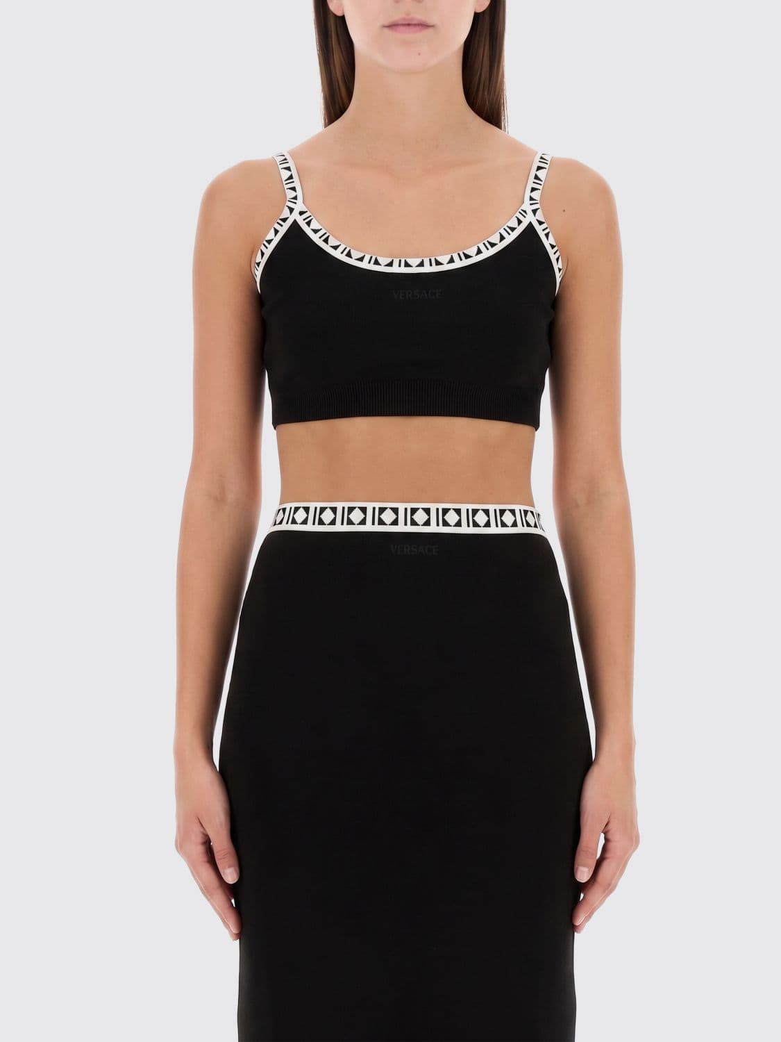 Versace Cropped Stretch-Cotton Top with Thin Straps and Contrast Trims