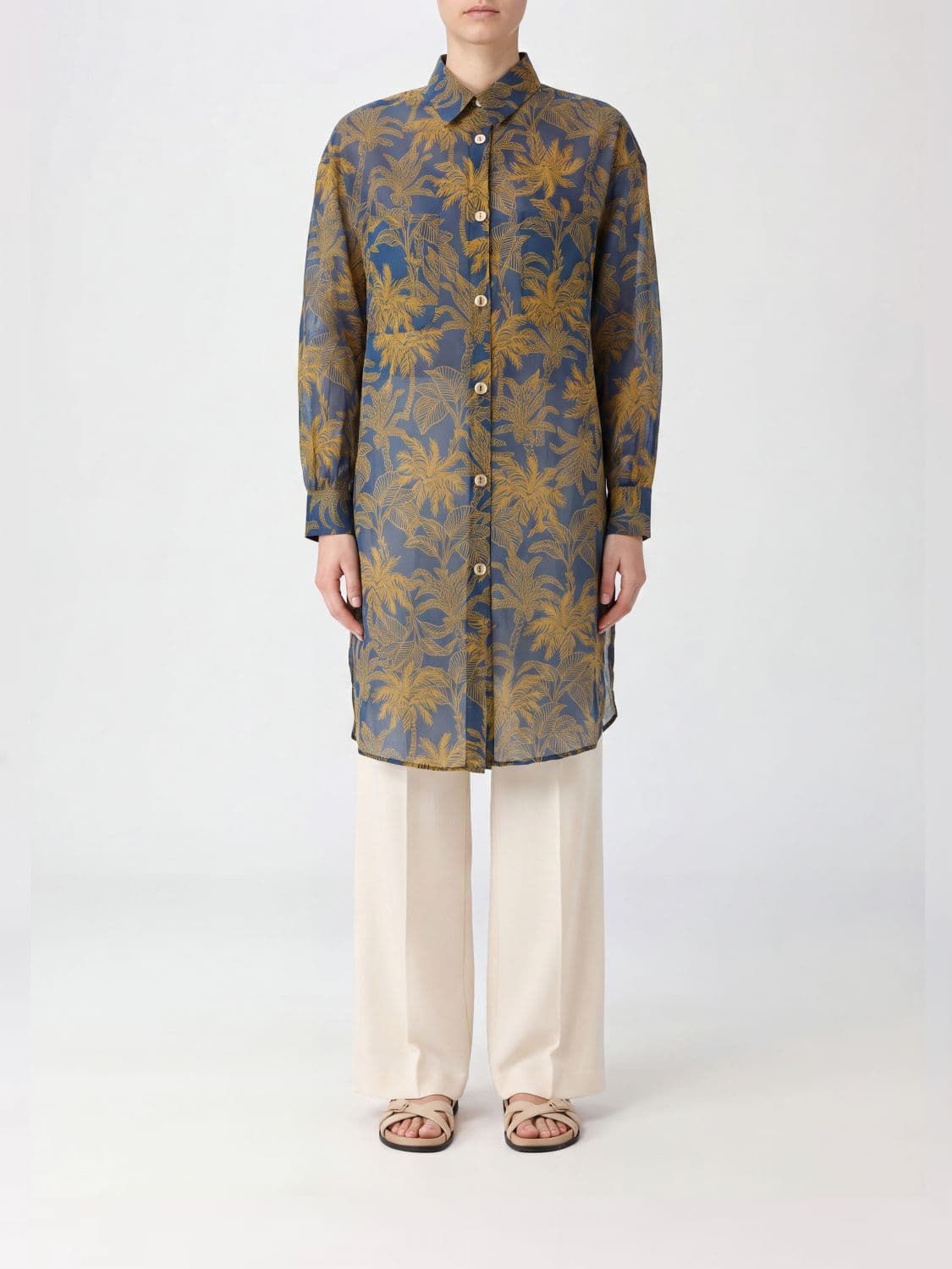 Eres Exotisme Relaxed Fit Tropical Print Cotton Shirt with Long Sleeves · S