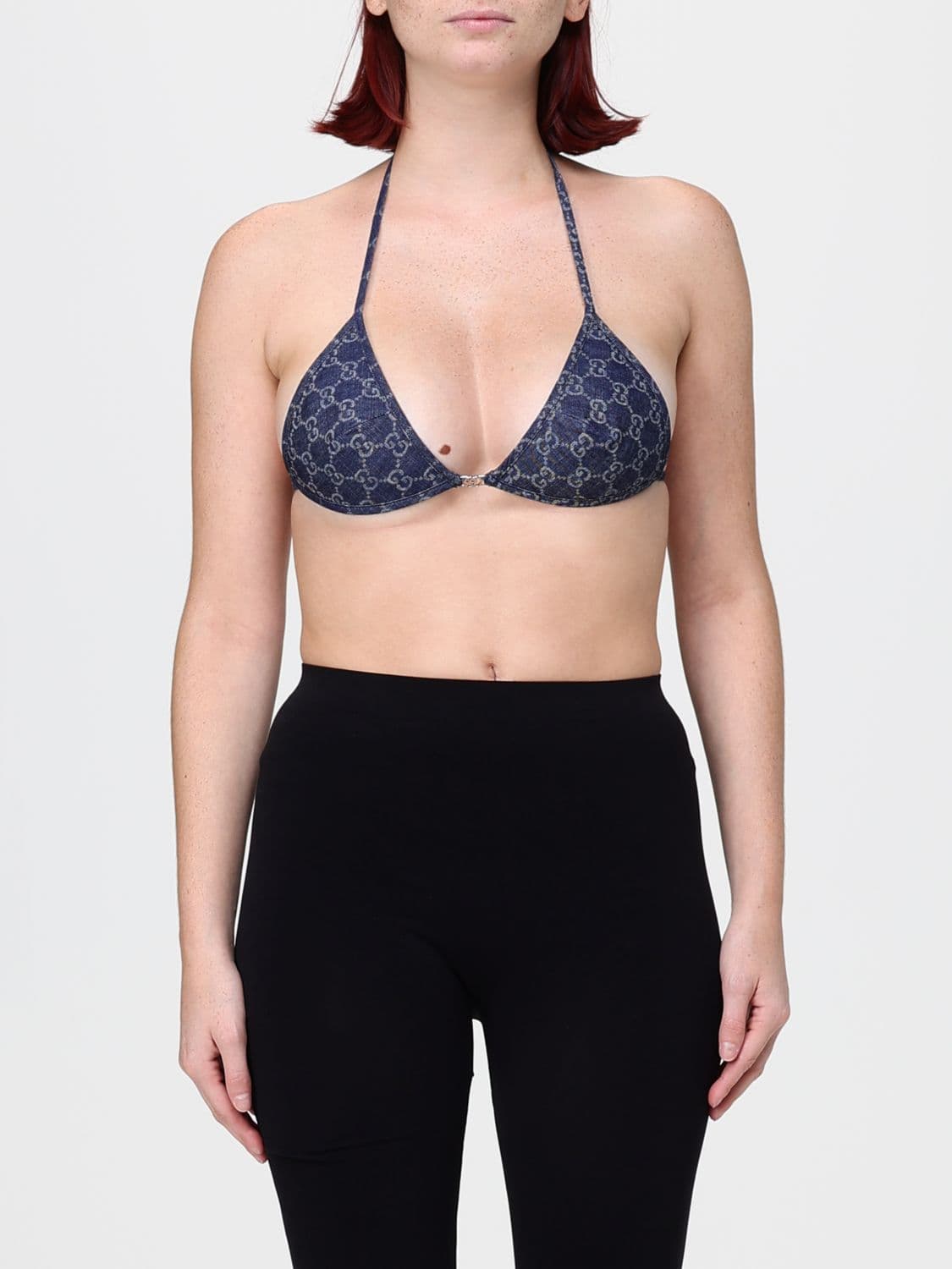 Gucci Cropped Triangle Top in Denim with All-Over GG Monogram Motif