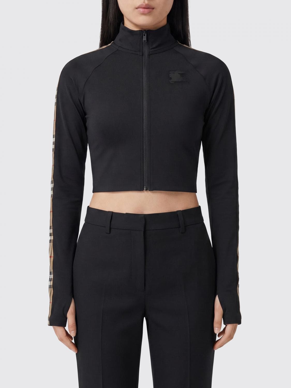Burberry Cropped Slim Fit Technical Jersey Sweatshirt with High Neck and Zip Closure