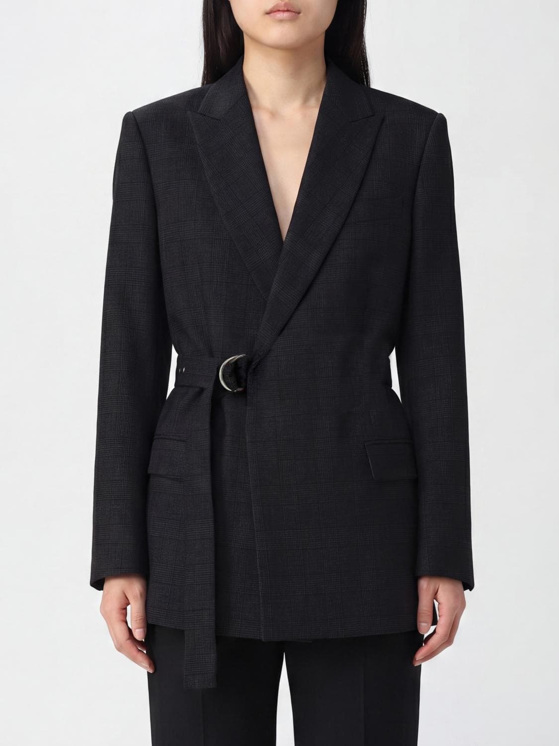 Loewe Prince of Wales Wool Double-Breasted Blazer with Wrap Closure