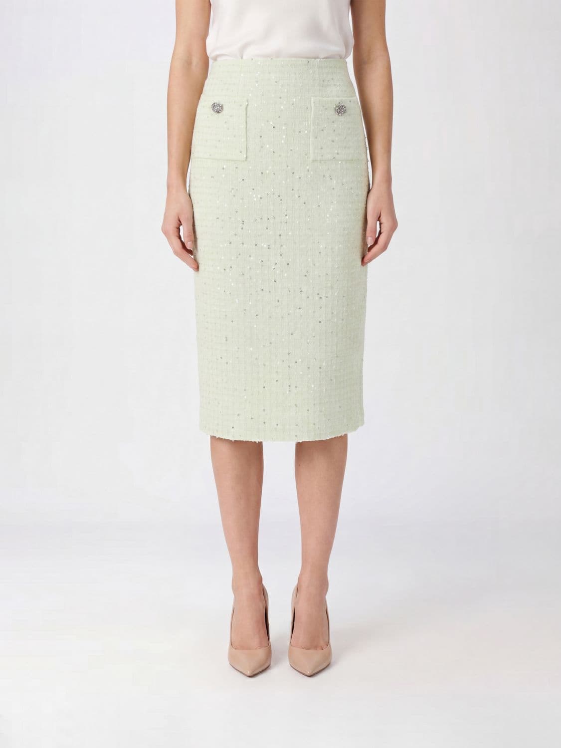 Self-Portrait High-Waisted Tweed Midi Pencil Skirt with Sequins