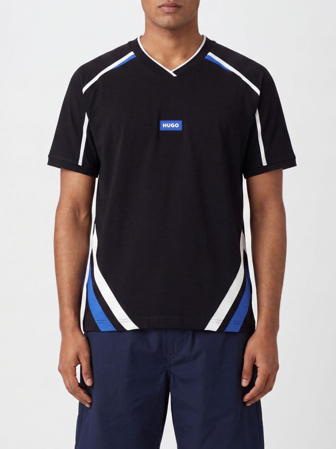 Hugo Striped Crew Neck T-Shirt in Pure Cotton with Contrast Logo