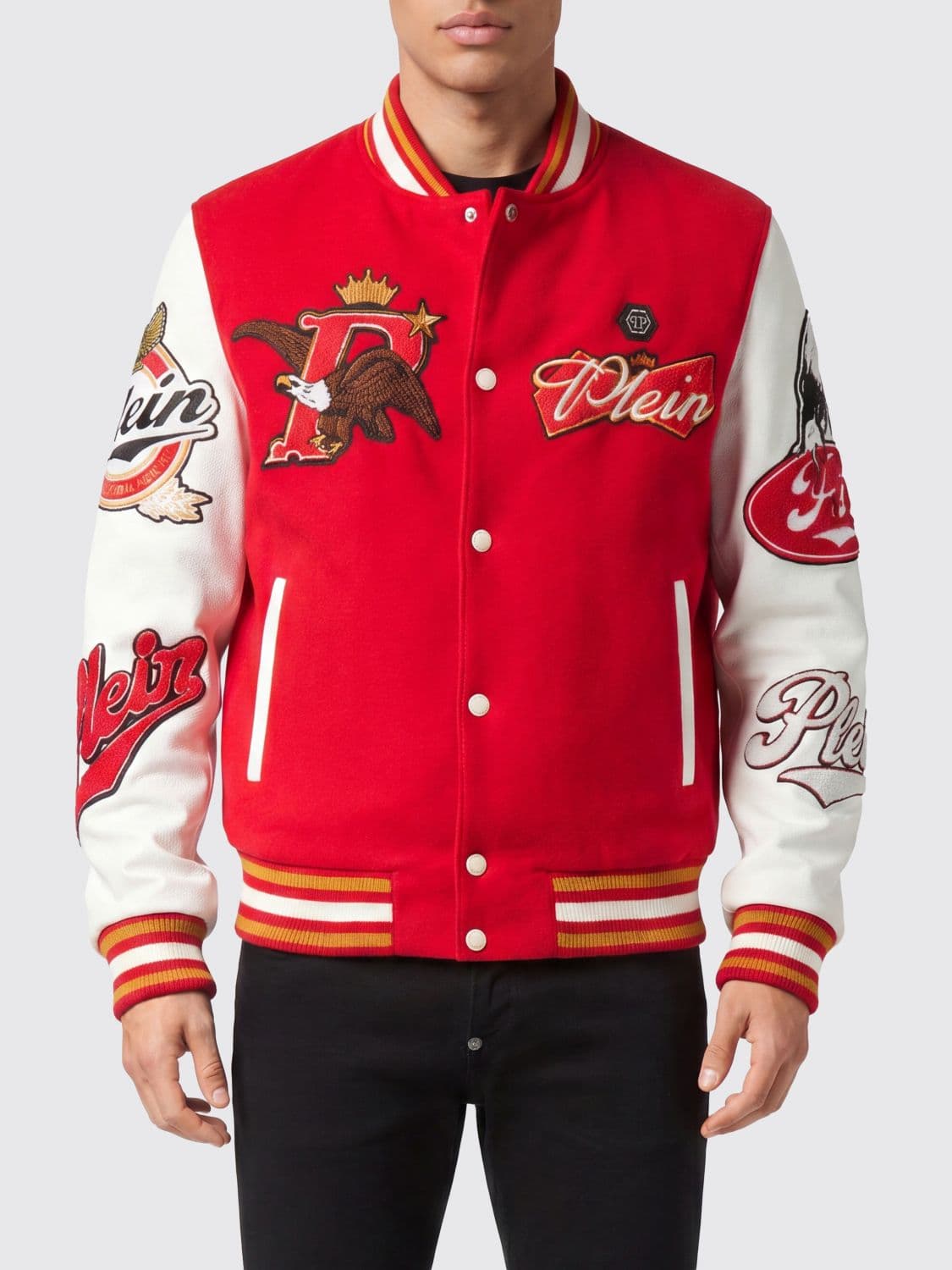 Philipp Plein Bicolor Wool Cloth Varsity Bomber Jacket with Embroidered Patches