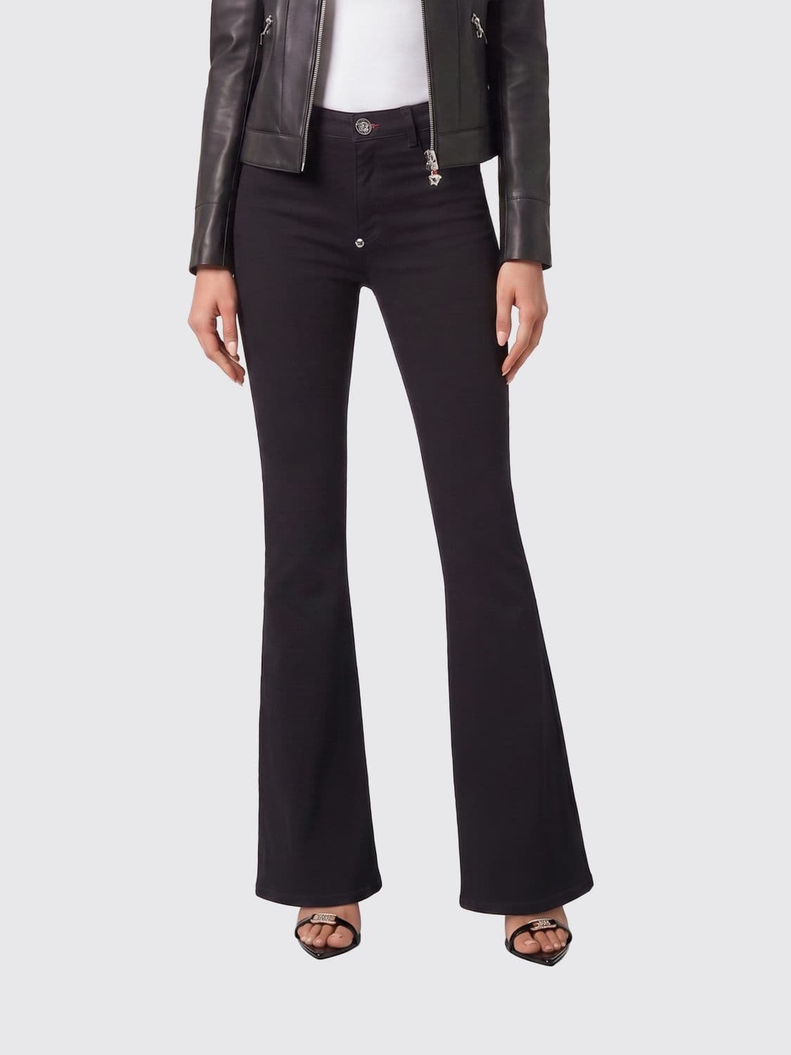 Philipp Plein High-Waisted Flared Jeans in Stretch Denim with Metal Logo