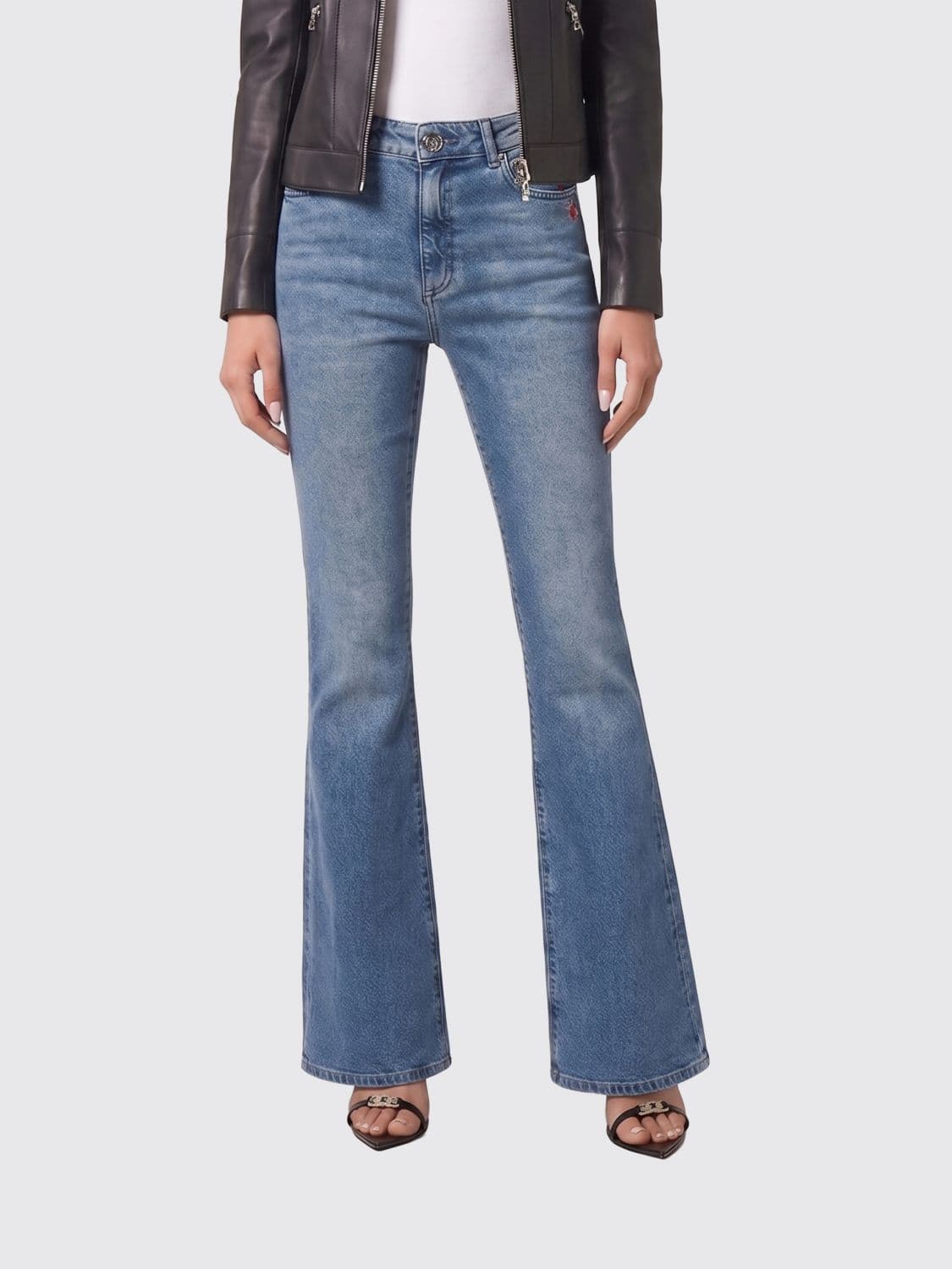 Philipp Plein High-Waisted Flared Jeans in Stretch Denim with Metal Logo